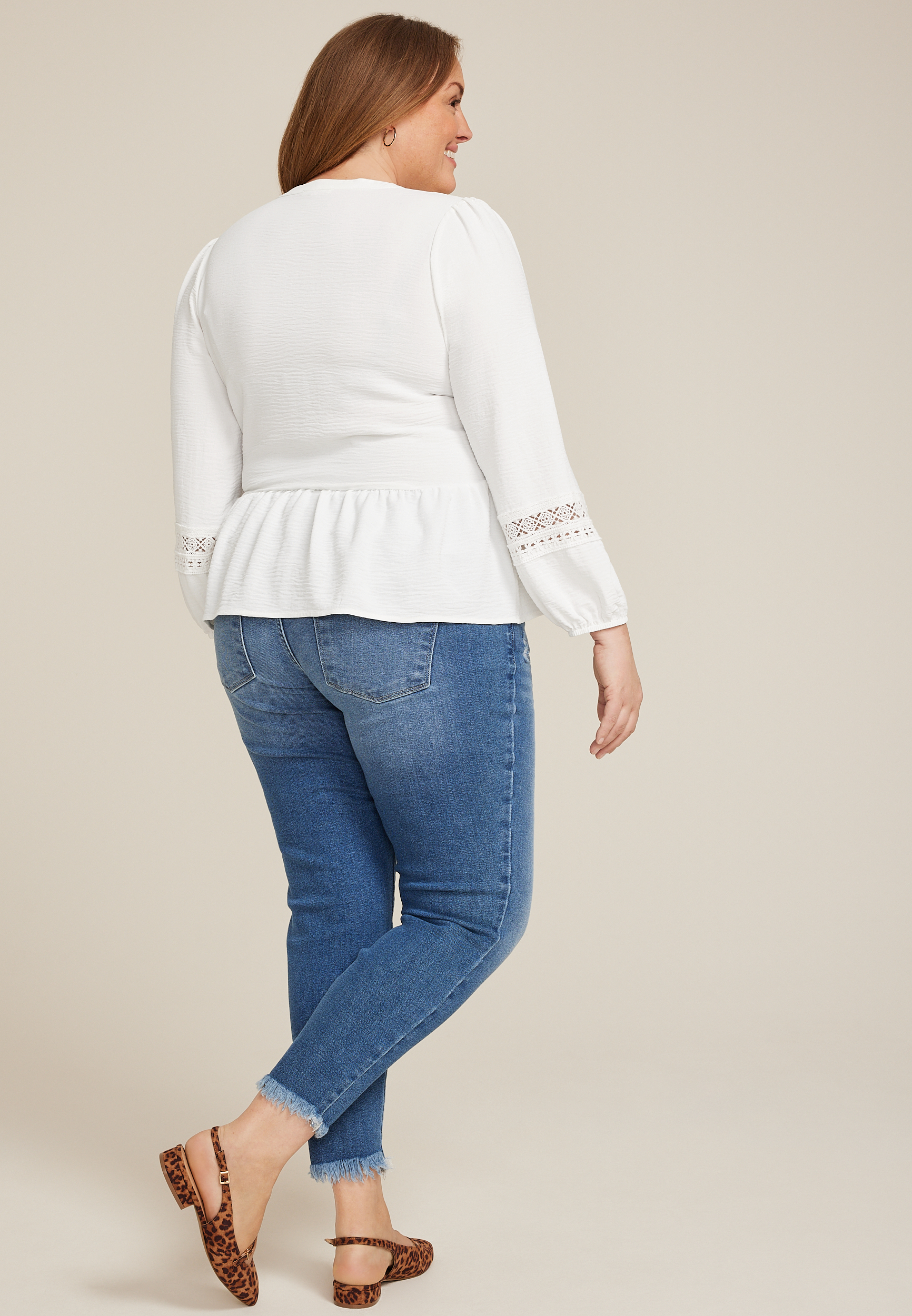 Plus Size Soft White Crochet Trim Tie Front Peplum Top