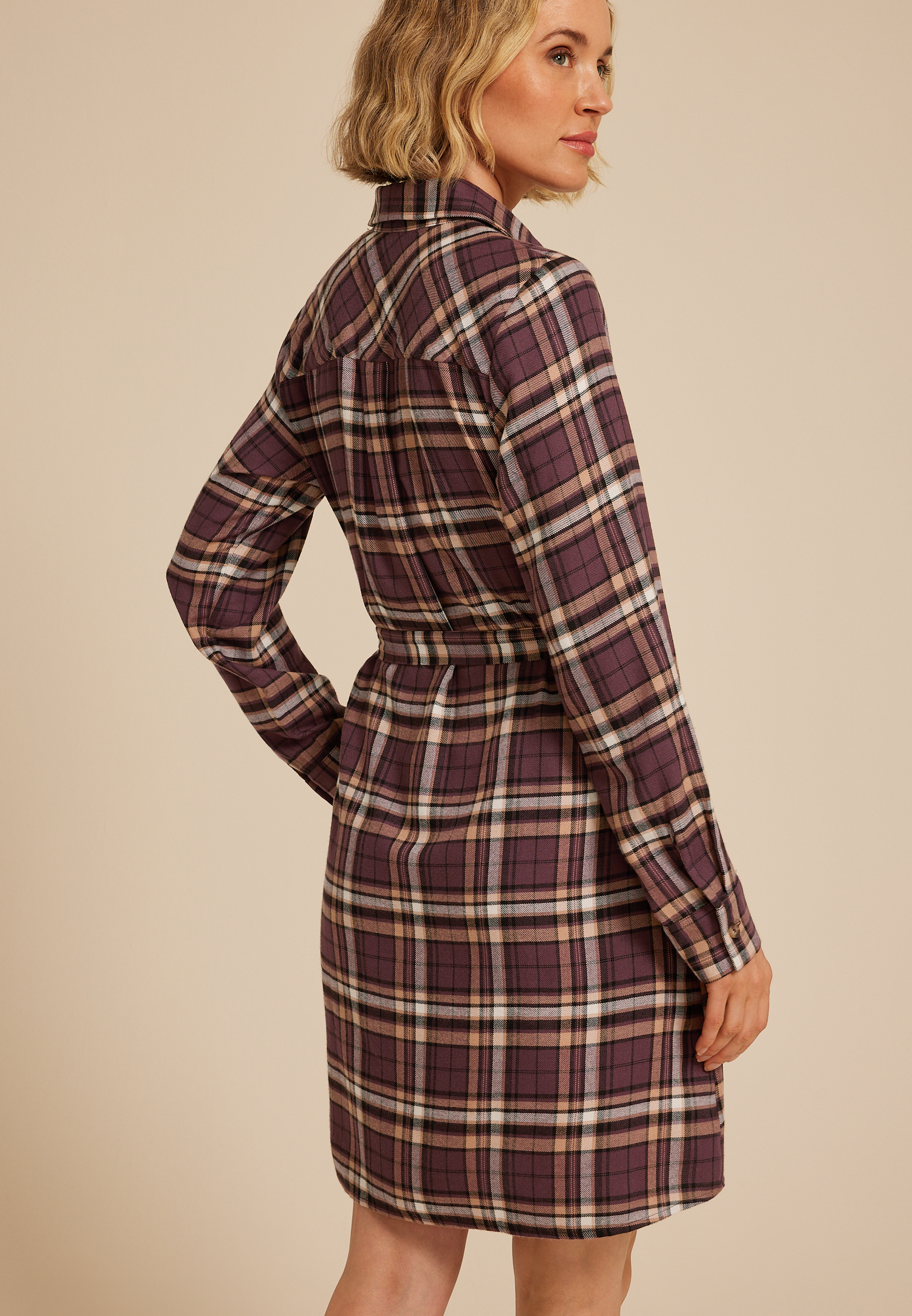 Plaid Tie Waist Long Sleeve Shirt Dress | maurices
