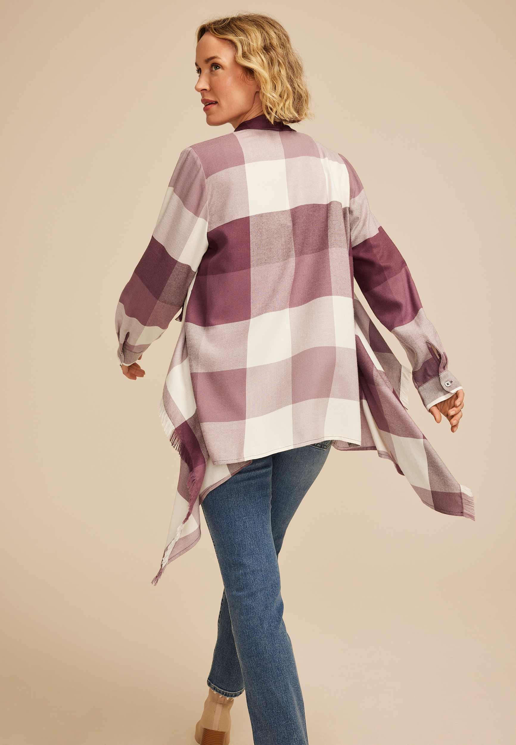 Plaid Open Front Waterfall Cardigan | maurices