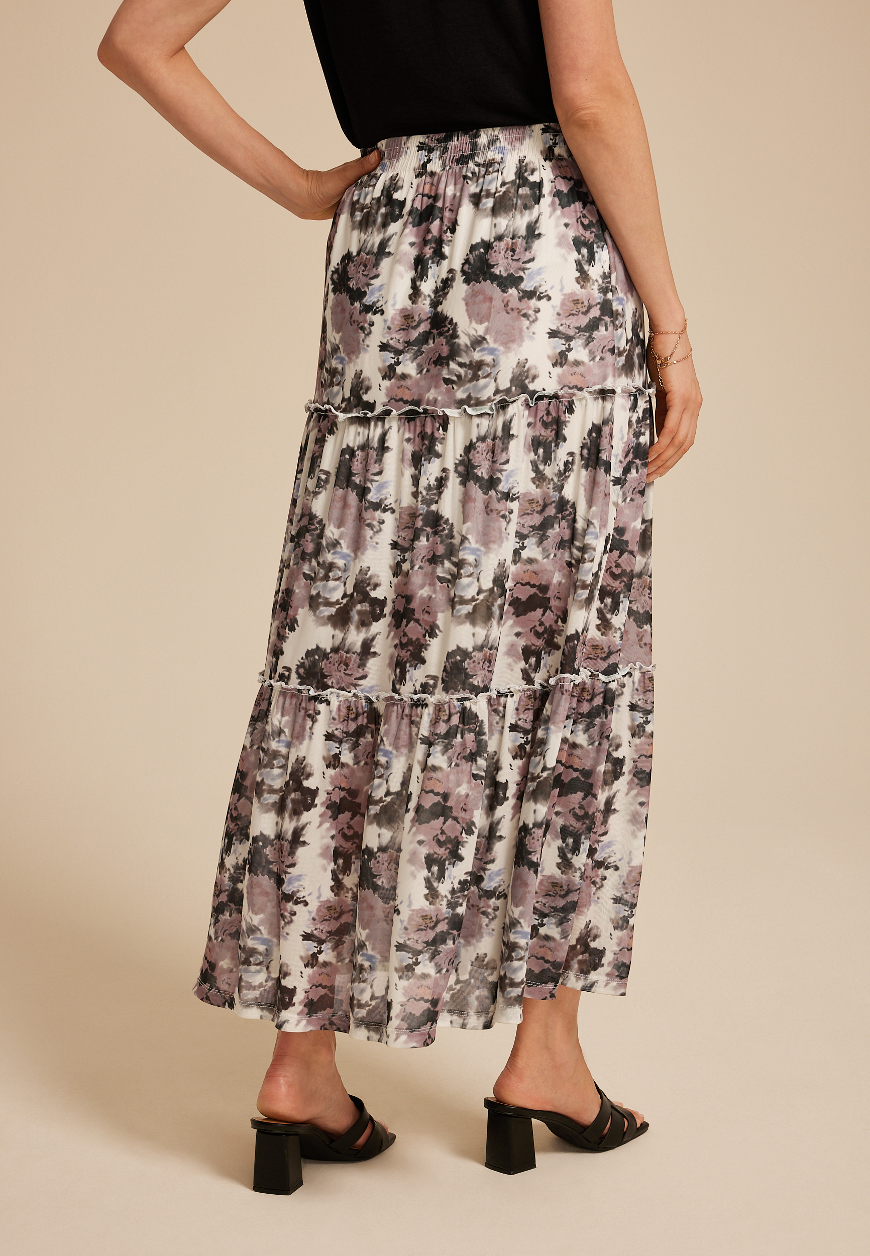 Studio Y Abstract Floral Mesh Tiered Maxi Skirt | maurices