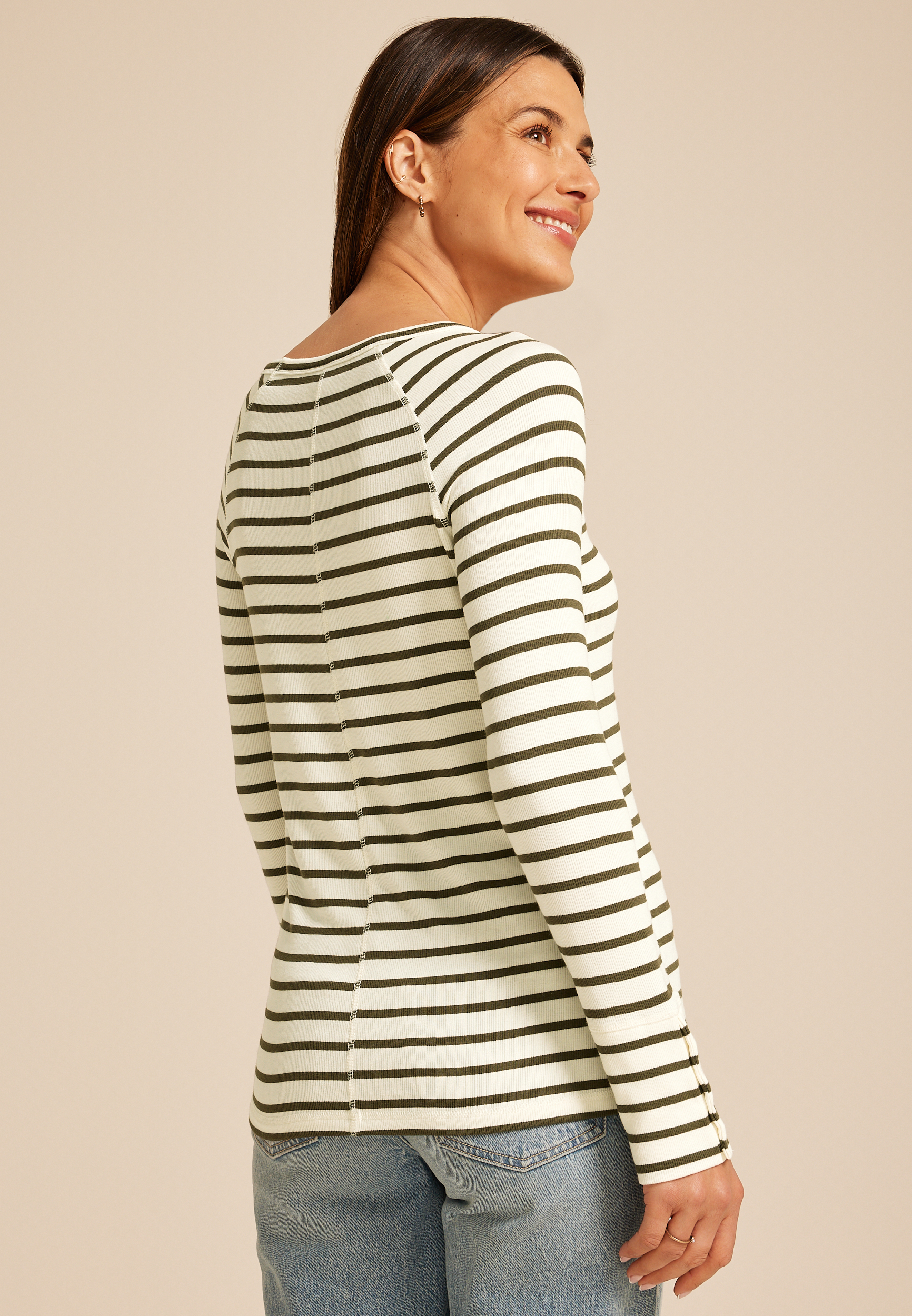 Soft Essential Striped Crew Neck Snap Cuff Top | maurices