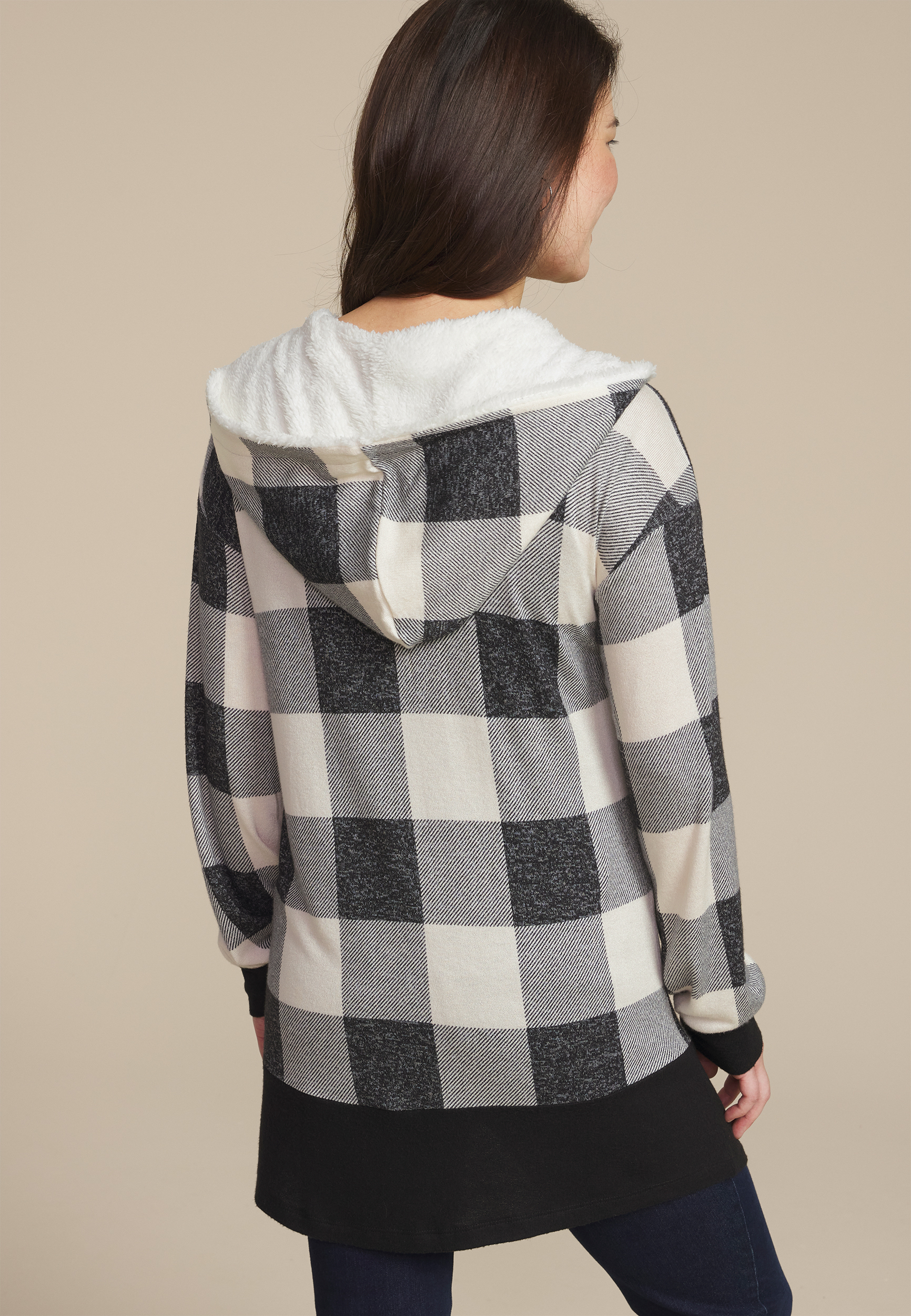 Buffalo Plaid Sherpa Lined Hood Cardigan | maurices