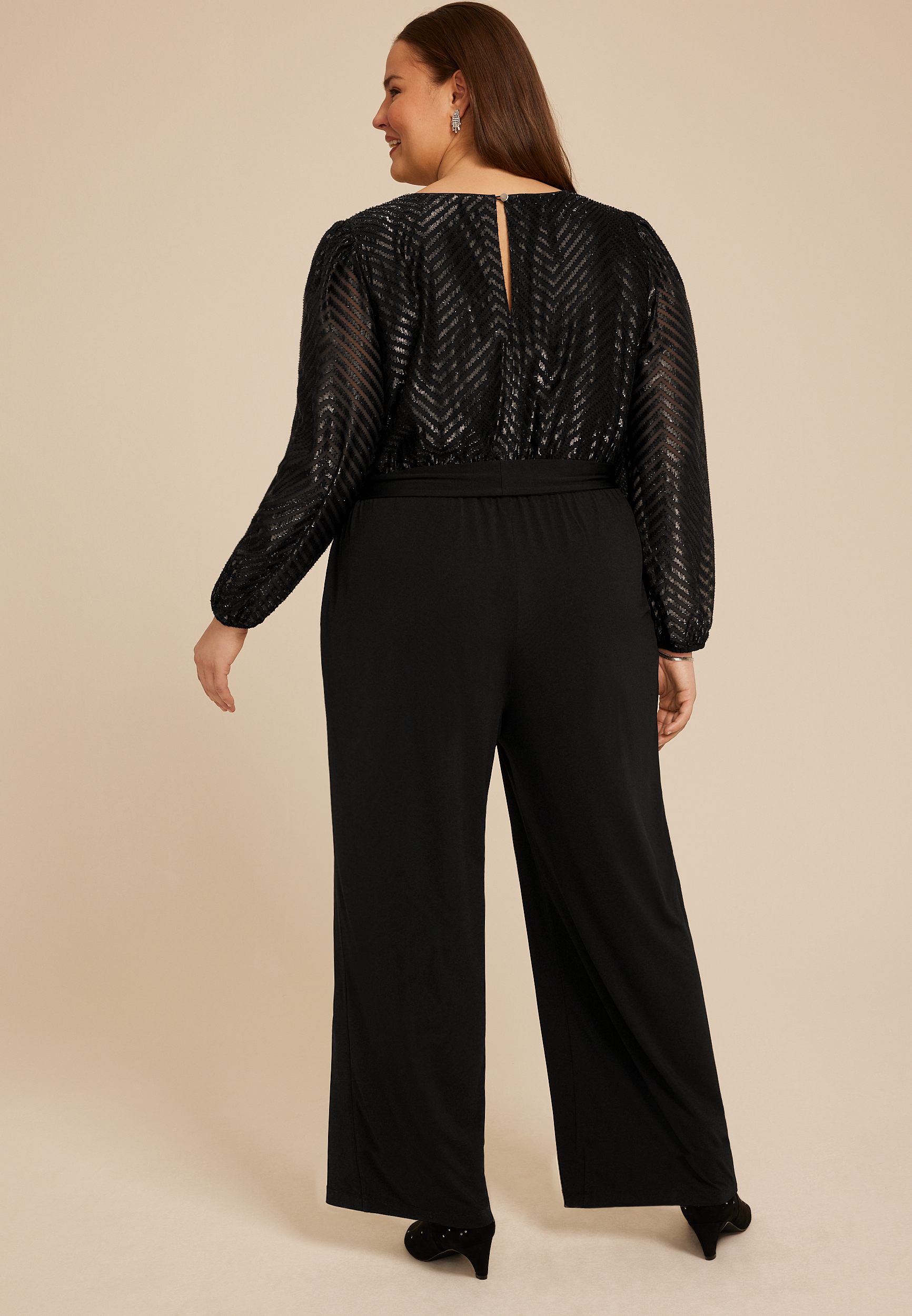 Plus Size Black Chevron Metallic Wrap Jumpsuit | maurices