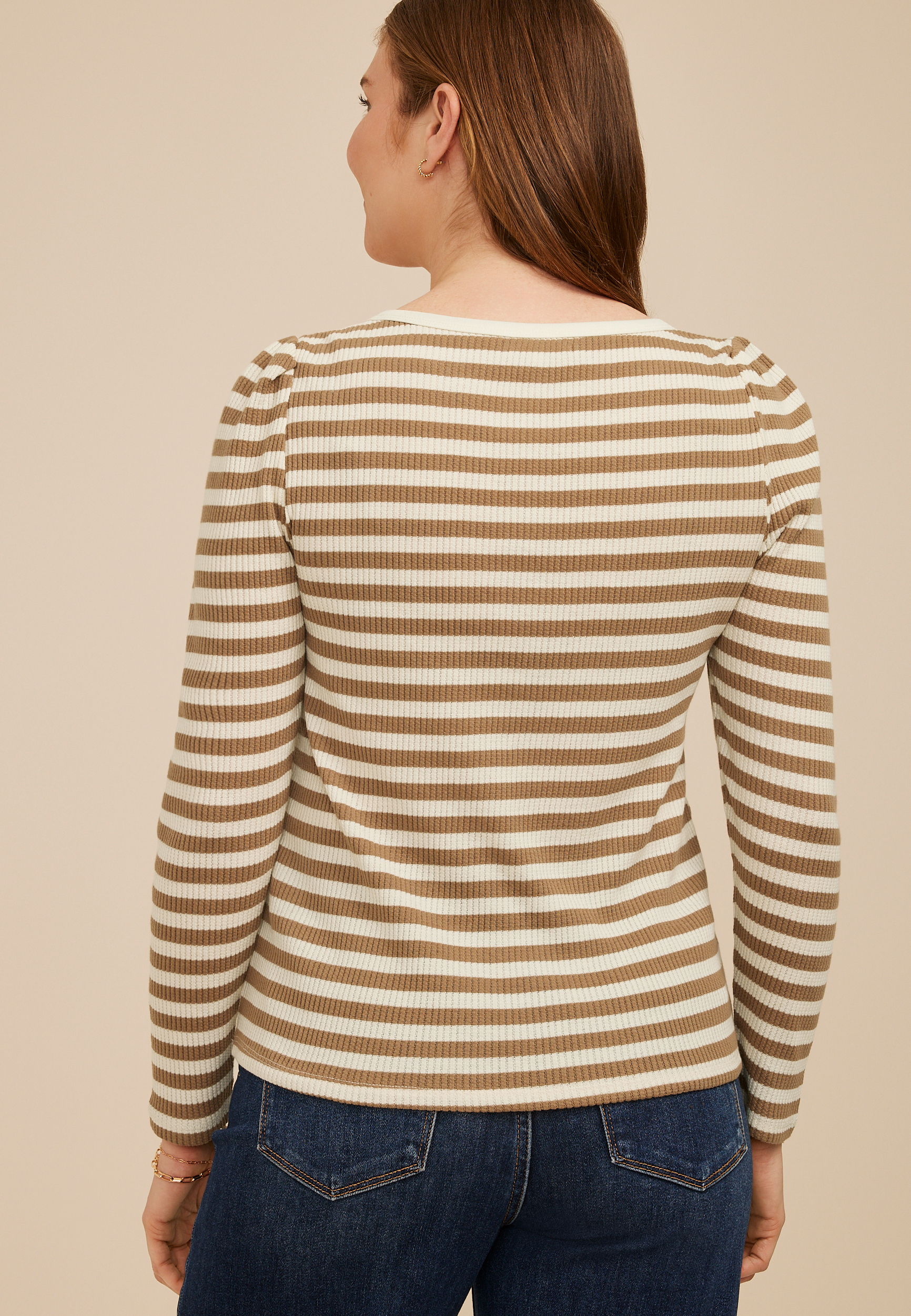 Striped Ribbed Envelope Neck Long Sleeve Tee | maurices