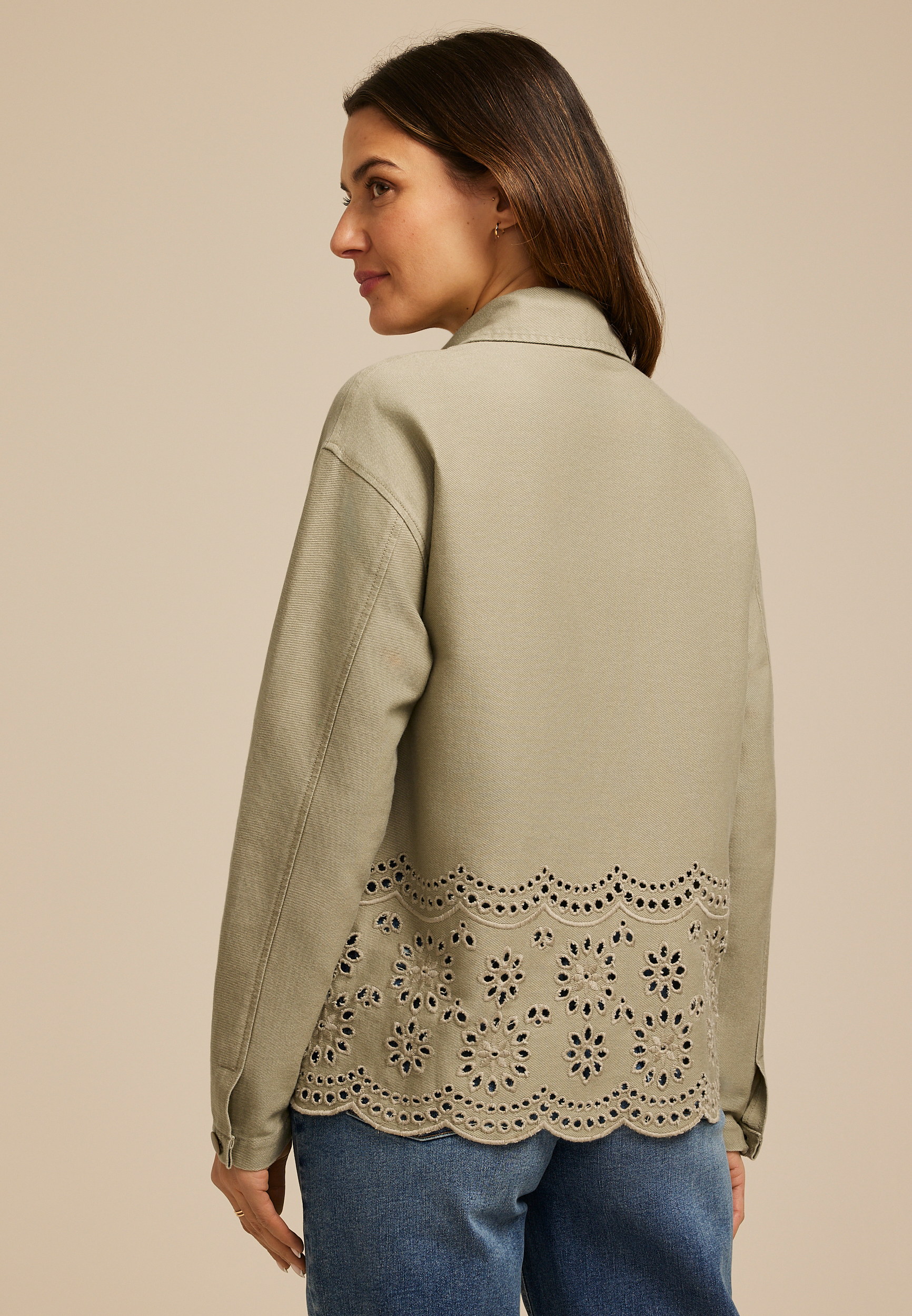 Eyelet Scallop Hem Twill Jacket | maurices