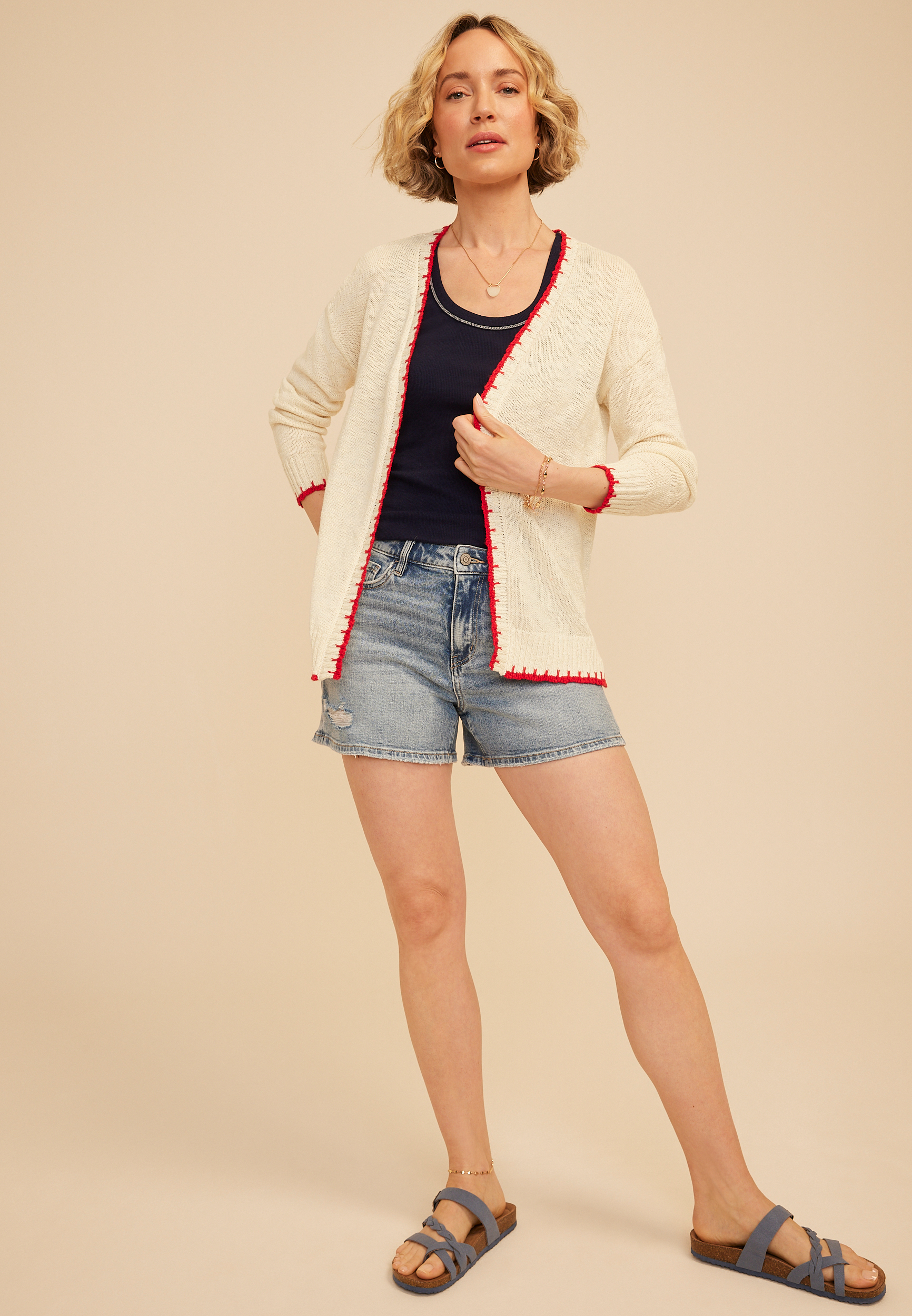Americana Faux Whipstitch Trim Open Front Cardigan | maurices