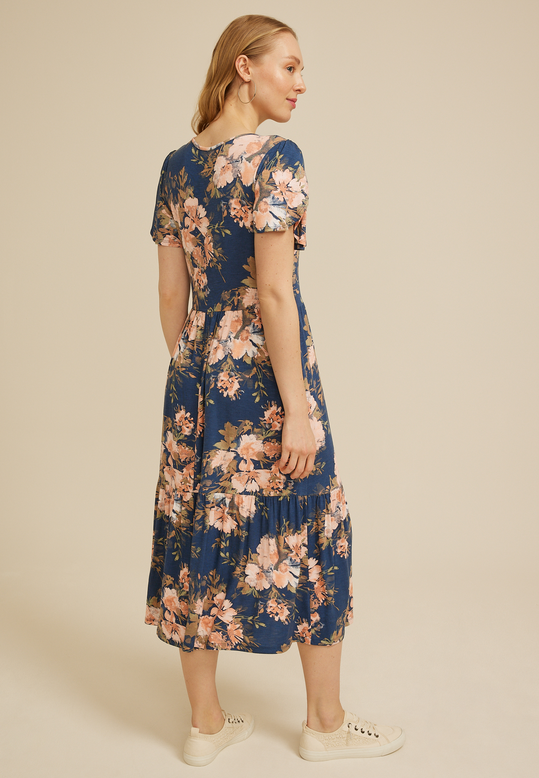 floral midi dress with sleeves Yellow Silk Cotton Trailing Puff Sleeve This midi dress is crafted from chiffon fabric with a ditsy floral print Maurices Women's 24/7 Floral Tulip