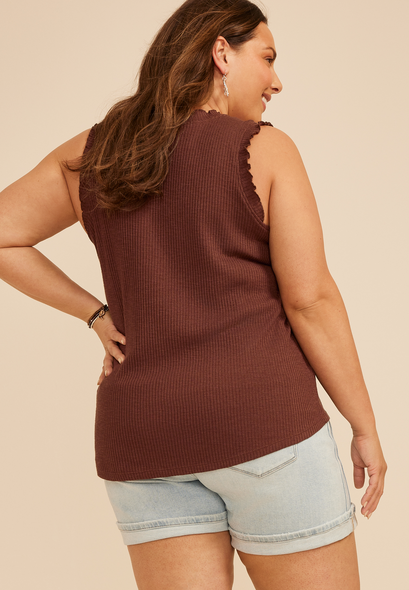 Plus Size Ruffle Trim Ribbed V Neck Tank Top | maurices