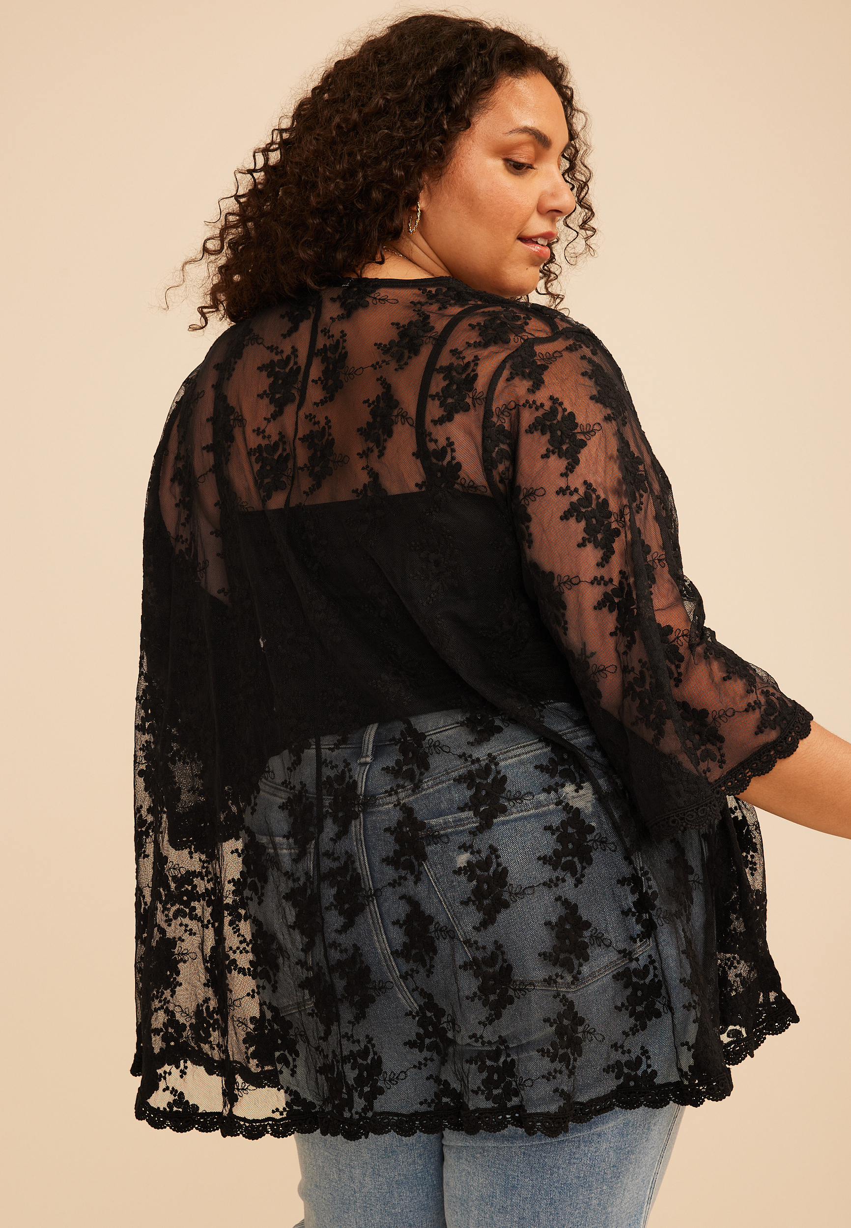 Plus Size Black Floral Sheer Lace Open Front Kimono | maurices