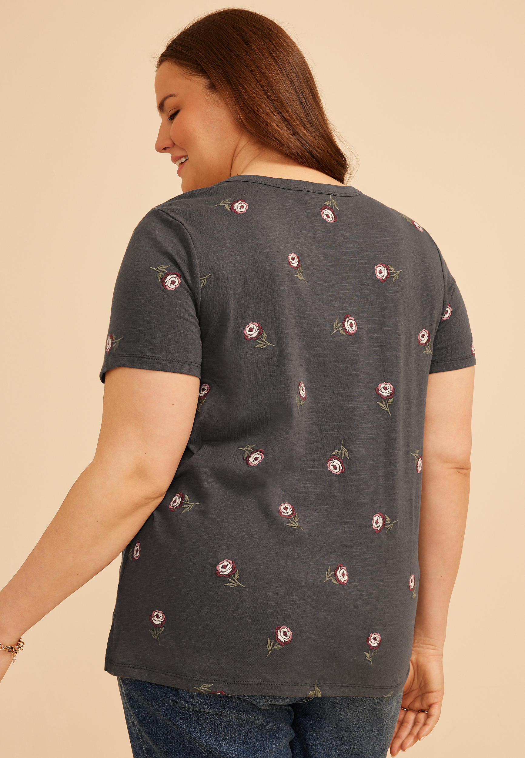 Plus Size 24/7 Dawson Embroidered Rose Crew Neck Tee | maurices