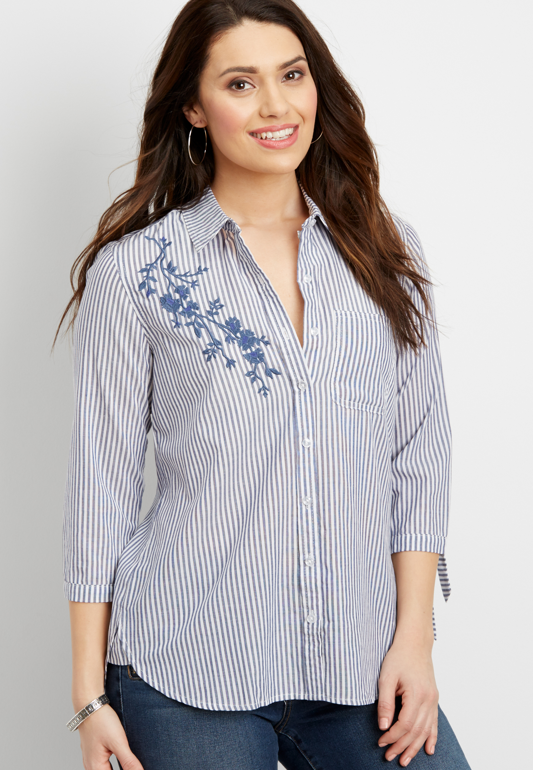 striped floral embroidered button up shirt