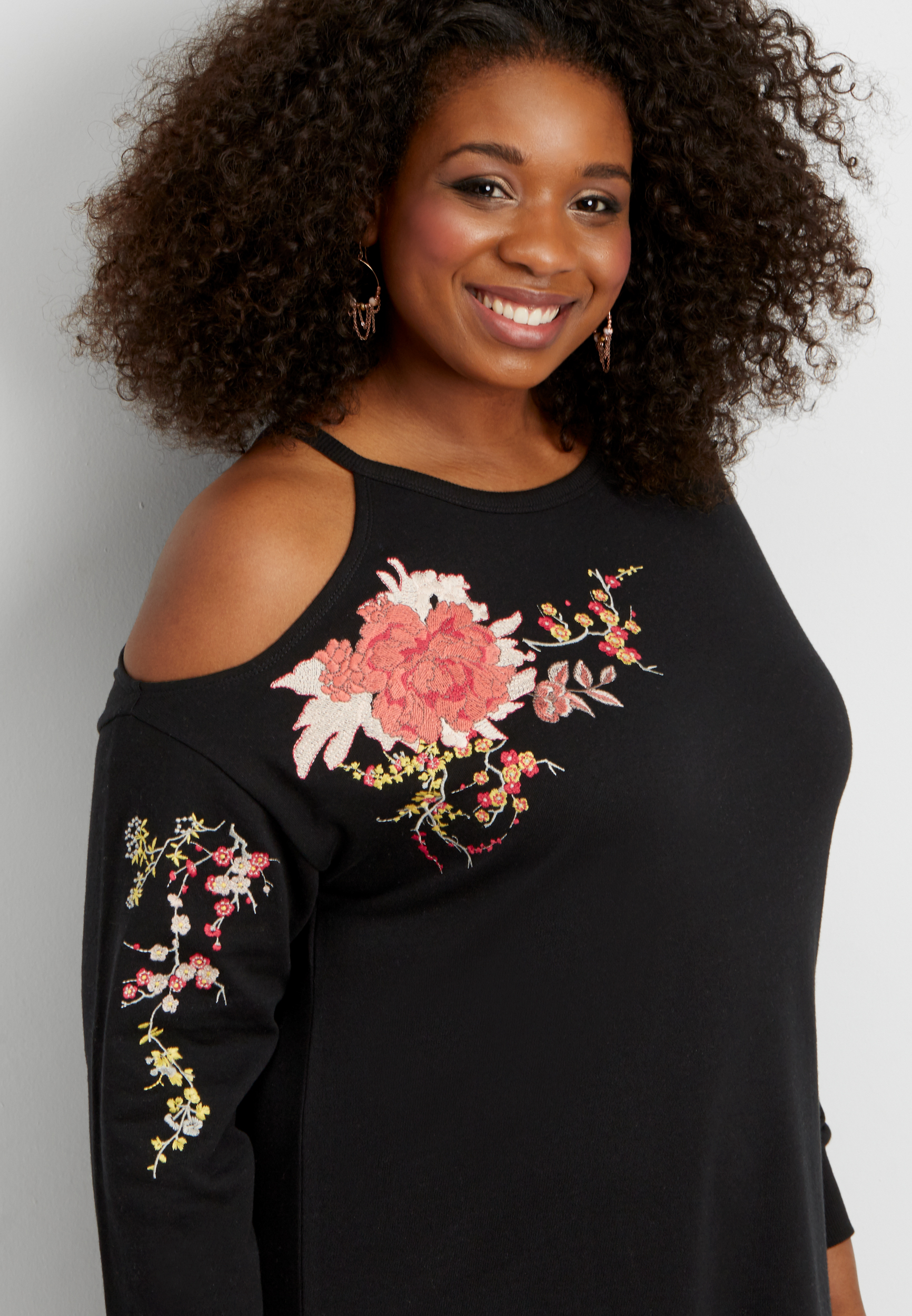 plus size sweatshirt dress with single cold shoulder and floral embroidery  | maurices