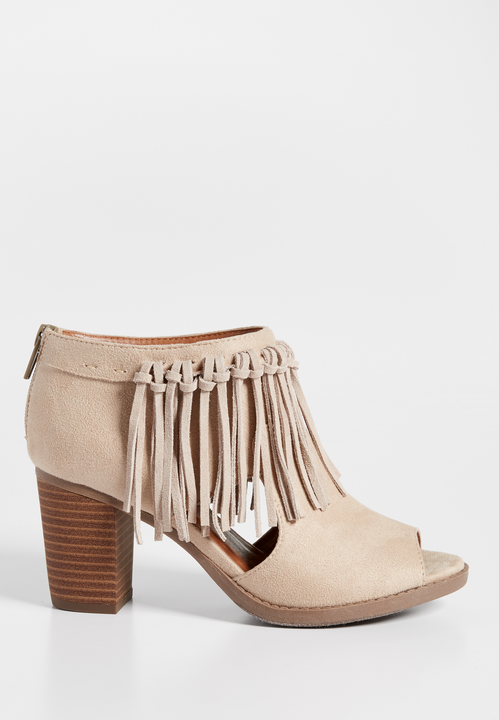 Geneva faux suede peep toe bootie with fringe maurices