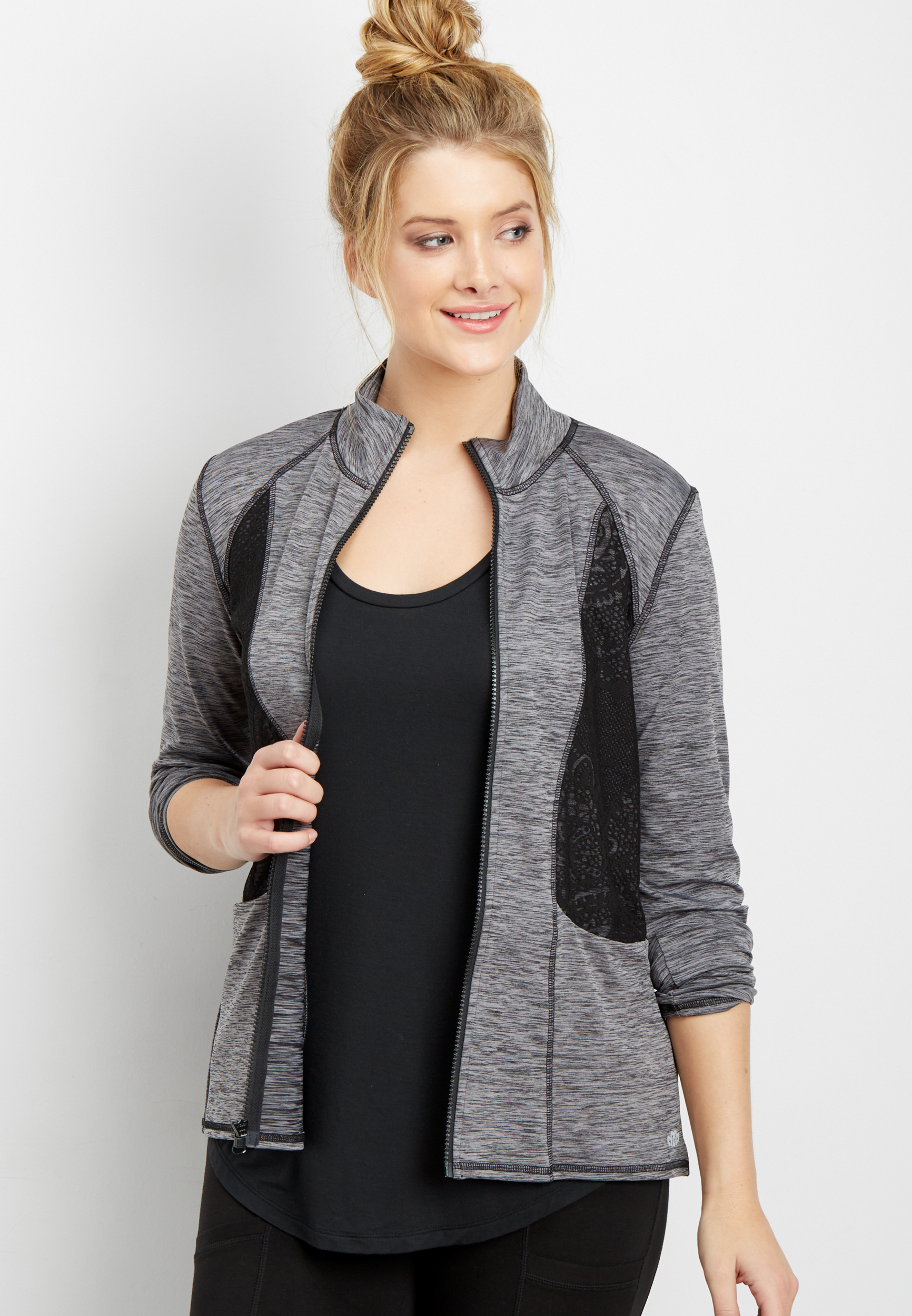 spacedye zip-up jacket with mesh lace | maurices