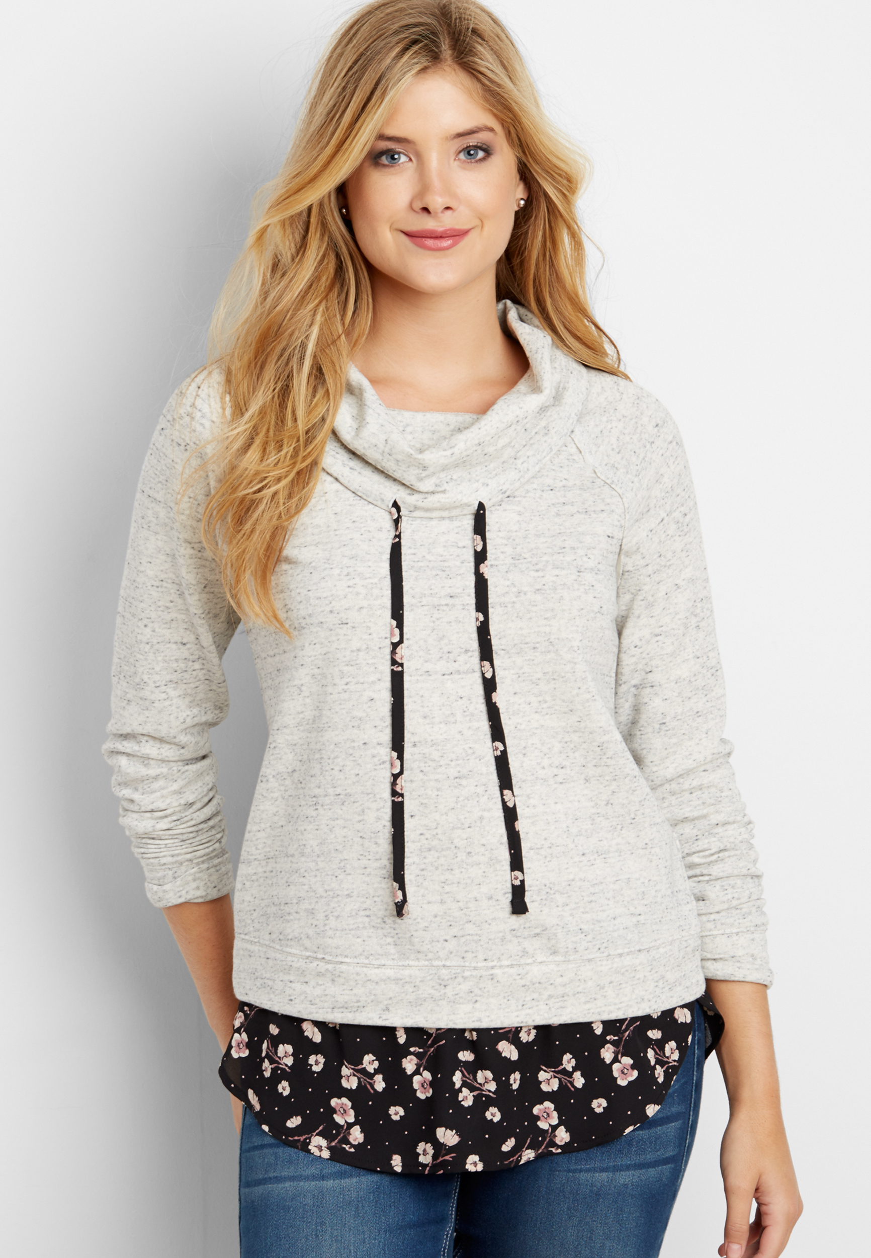 Cowl Neck Pullover Sweatshirt With Floral Hem Maurices