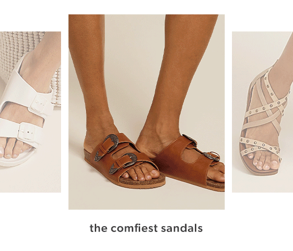 the comfiest sandals. Models wearing maurices clothing.