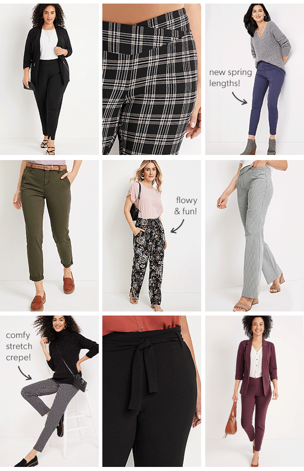 maurices pants. New spring lengths! Flowy & fun! Comfy stretch crepe!