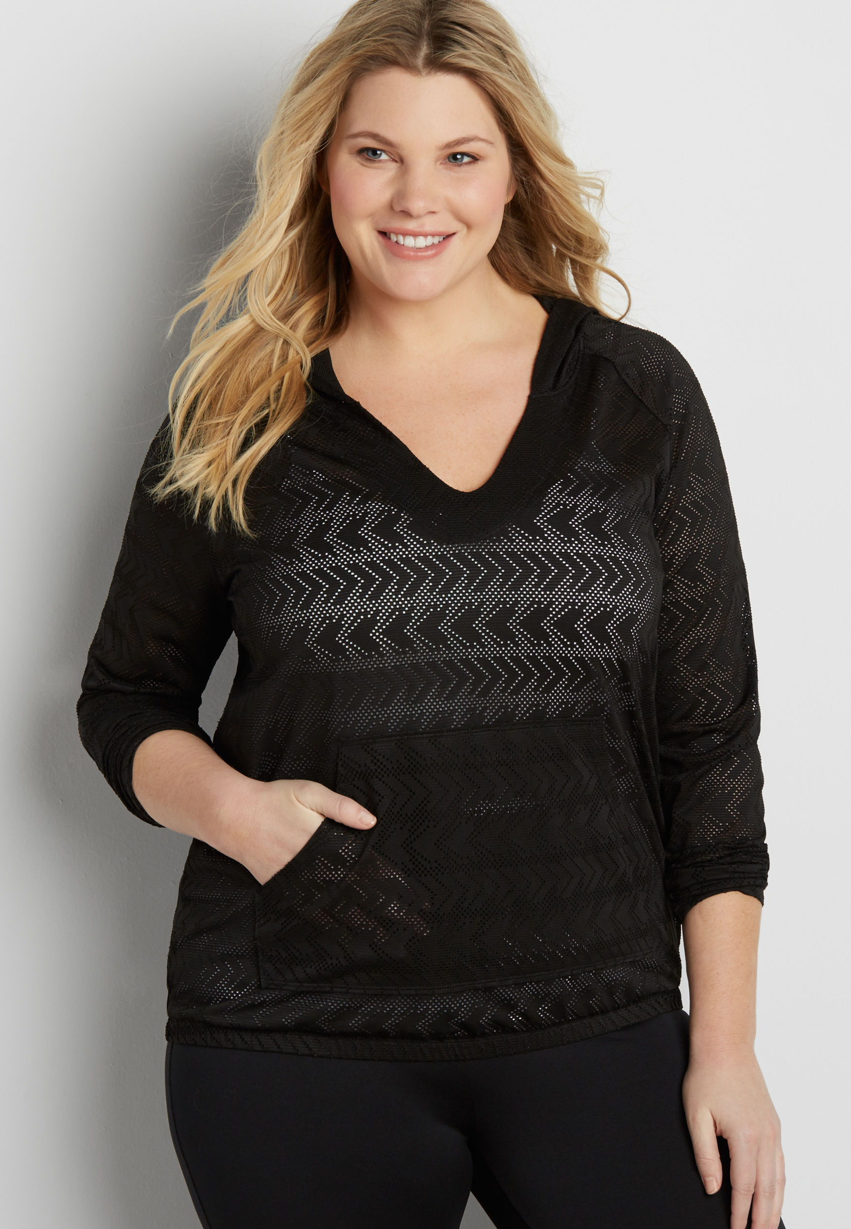 plus size hooded pullover with open chevron design