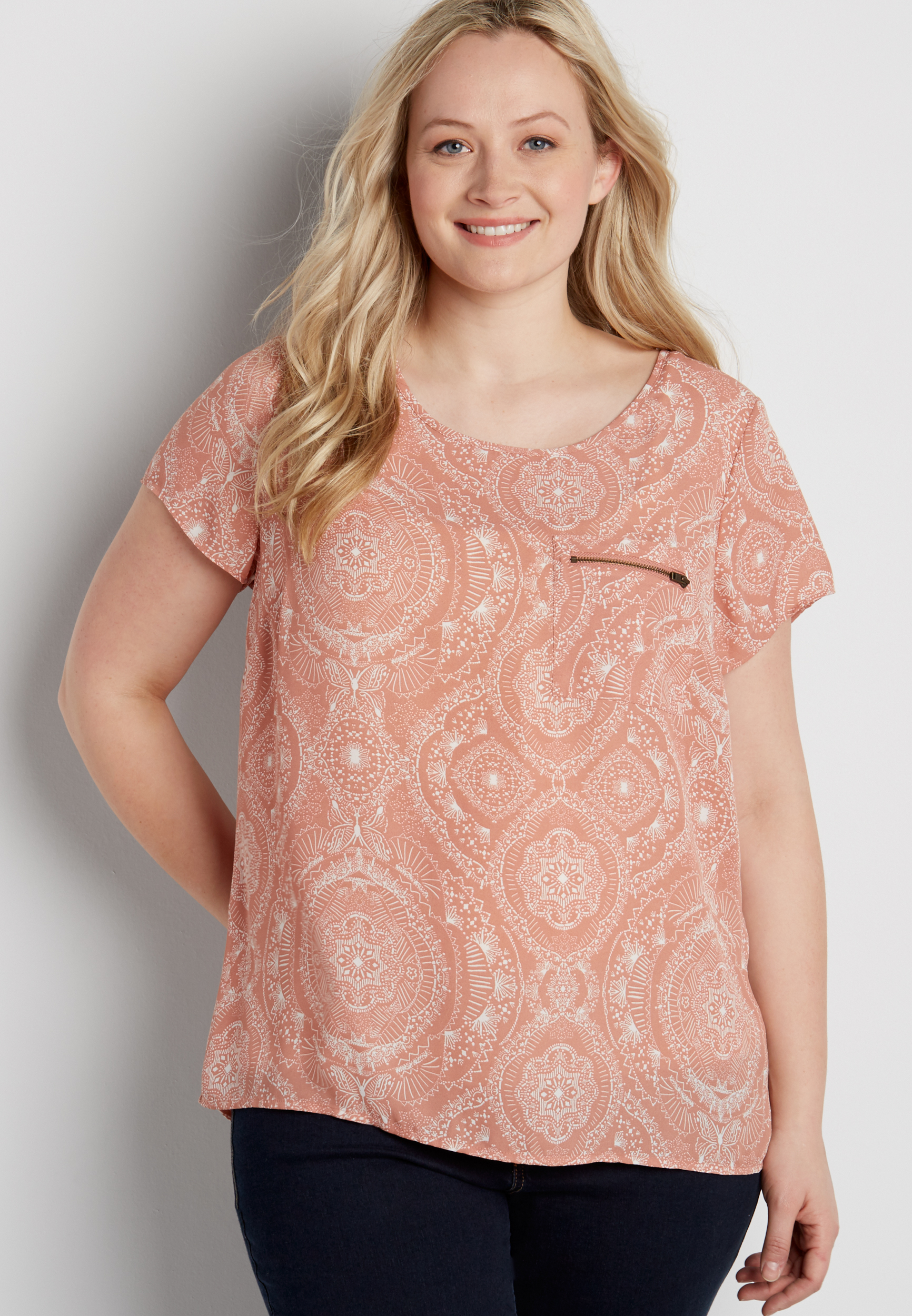 blouse w zipper back in medallion print / blouse with keyhole bac