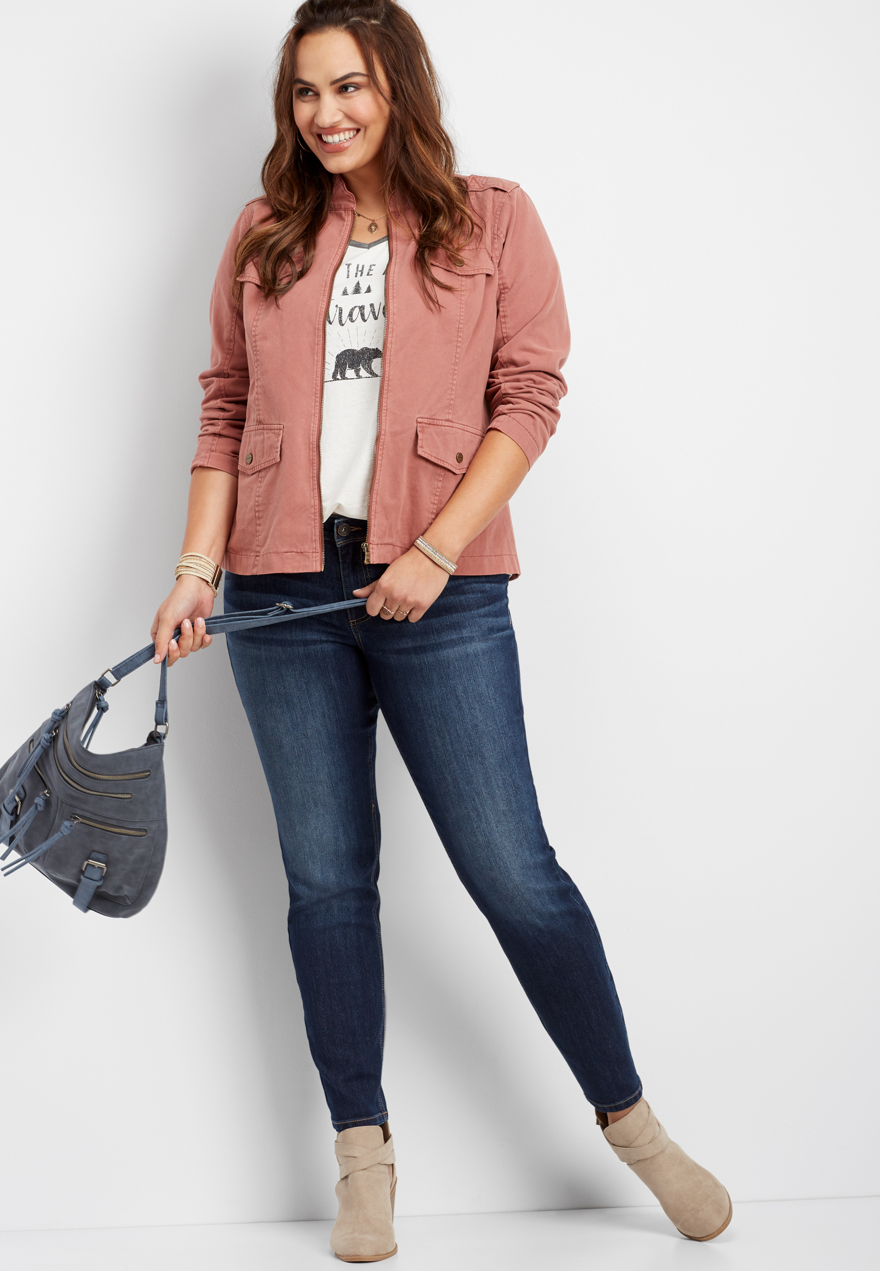 plus size solid zipper neck long sleeve jacket | maurices