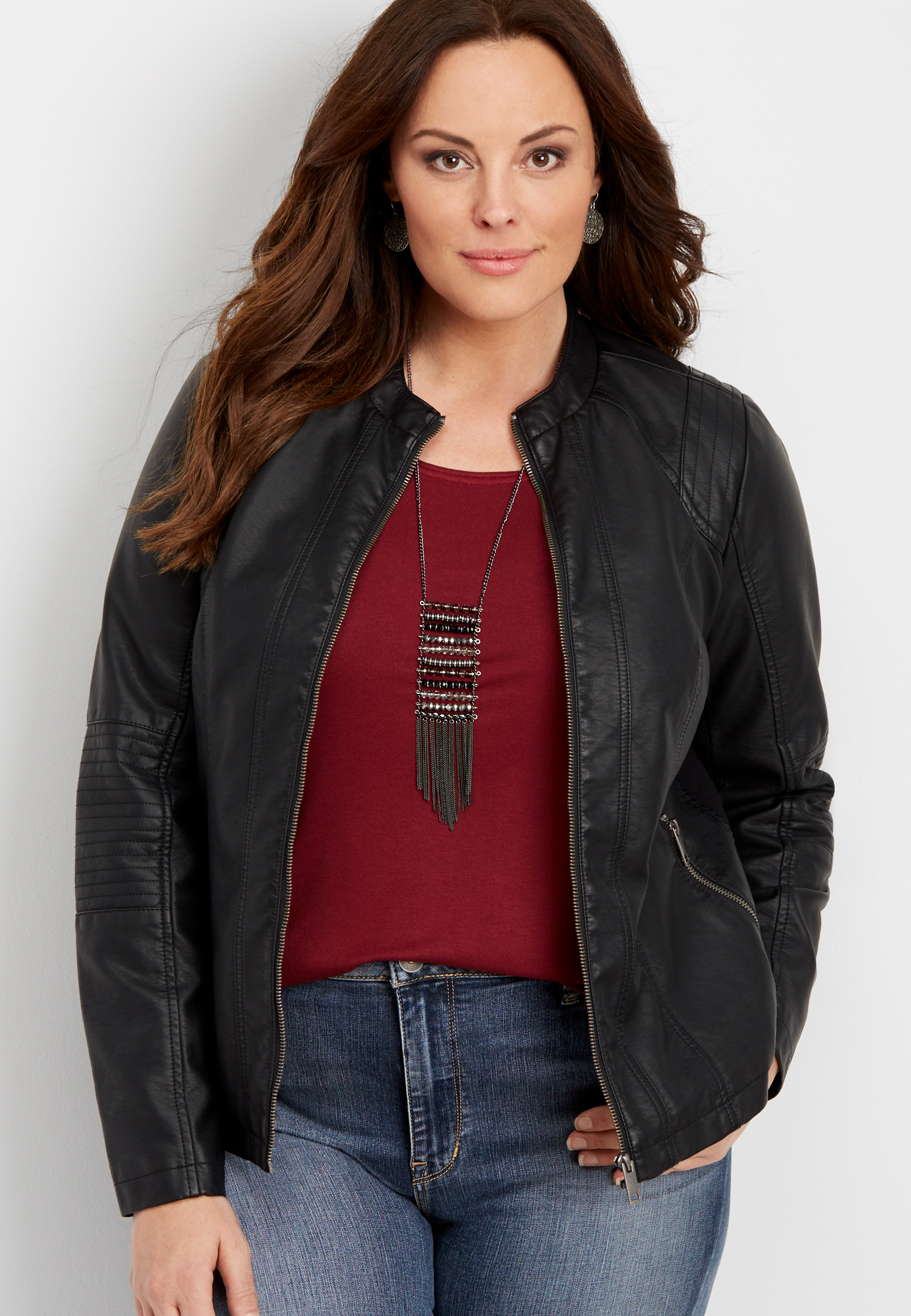 plus size elbow stitched faux leather jacket | maurices