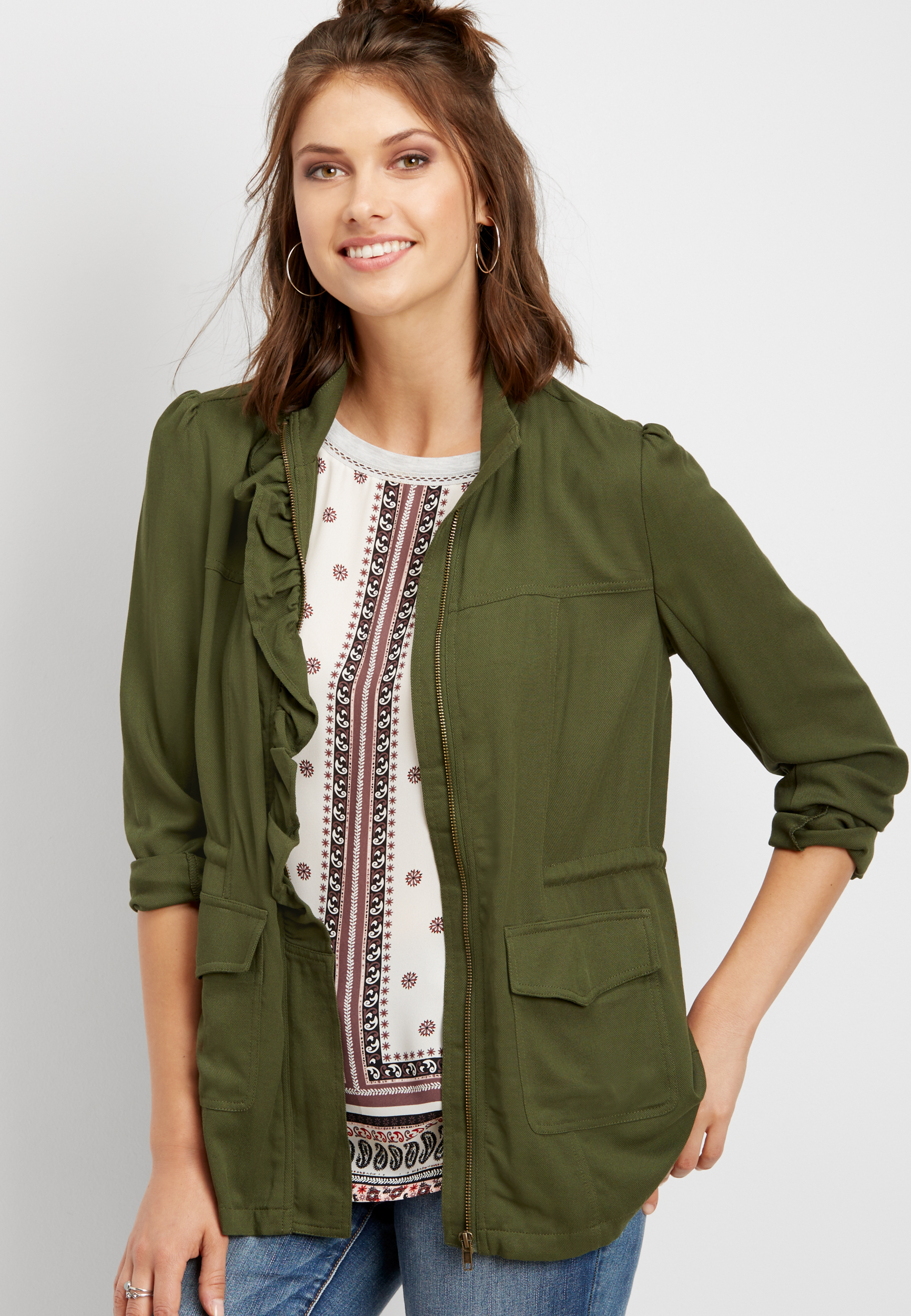 ruffled front anorak jacket | maurices
