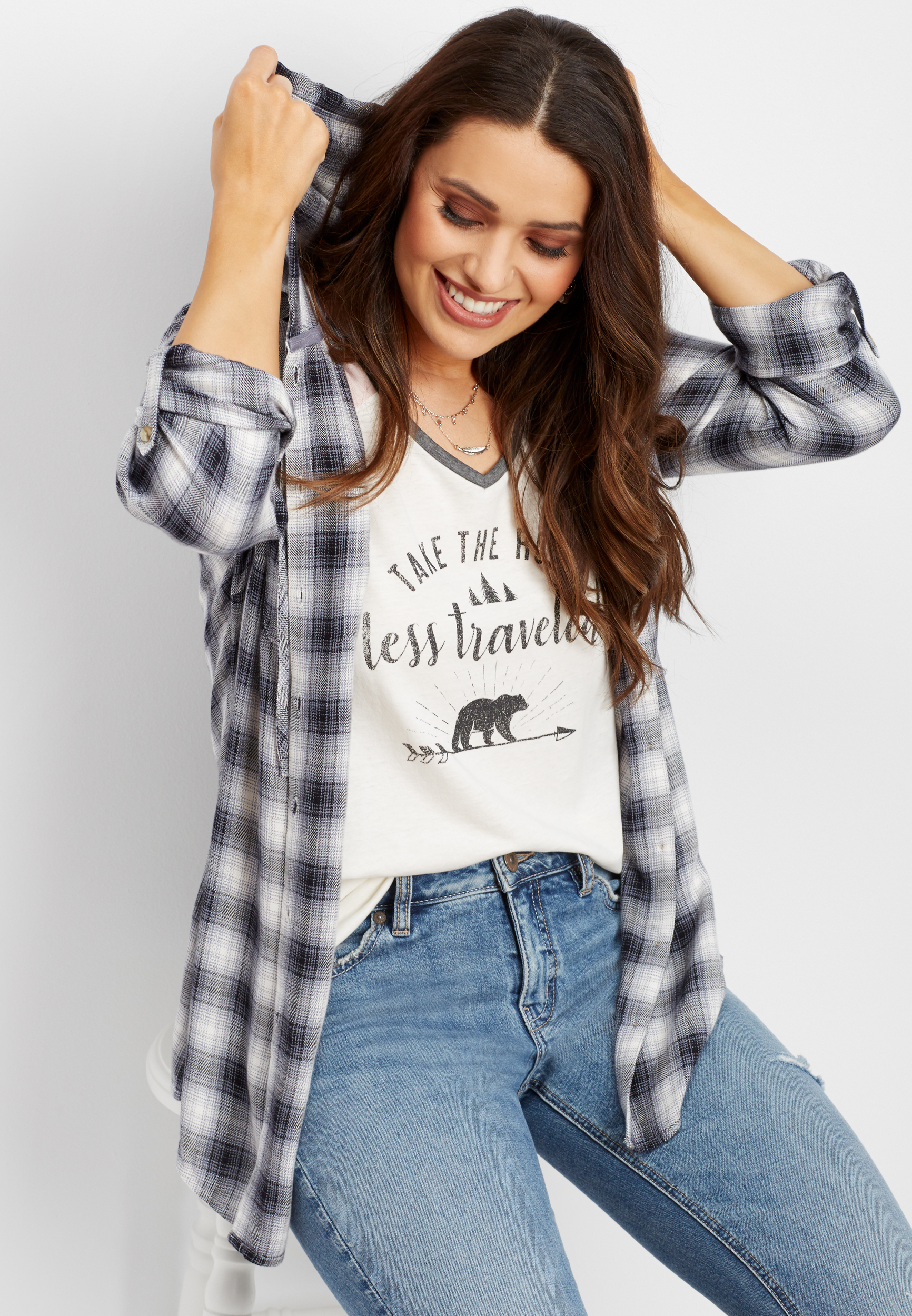 plaid hooded button down tunic | maurices