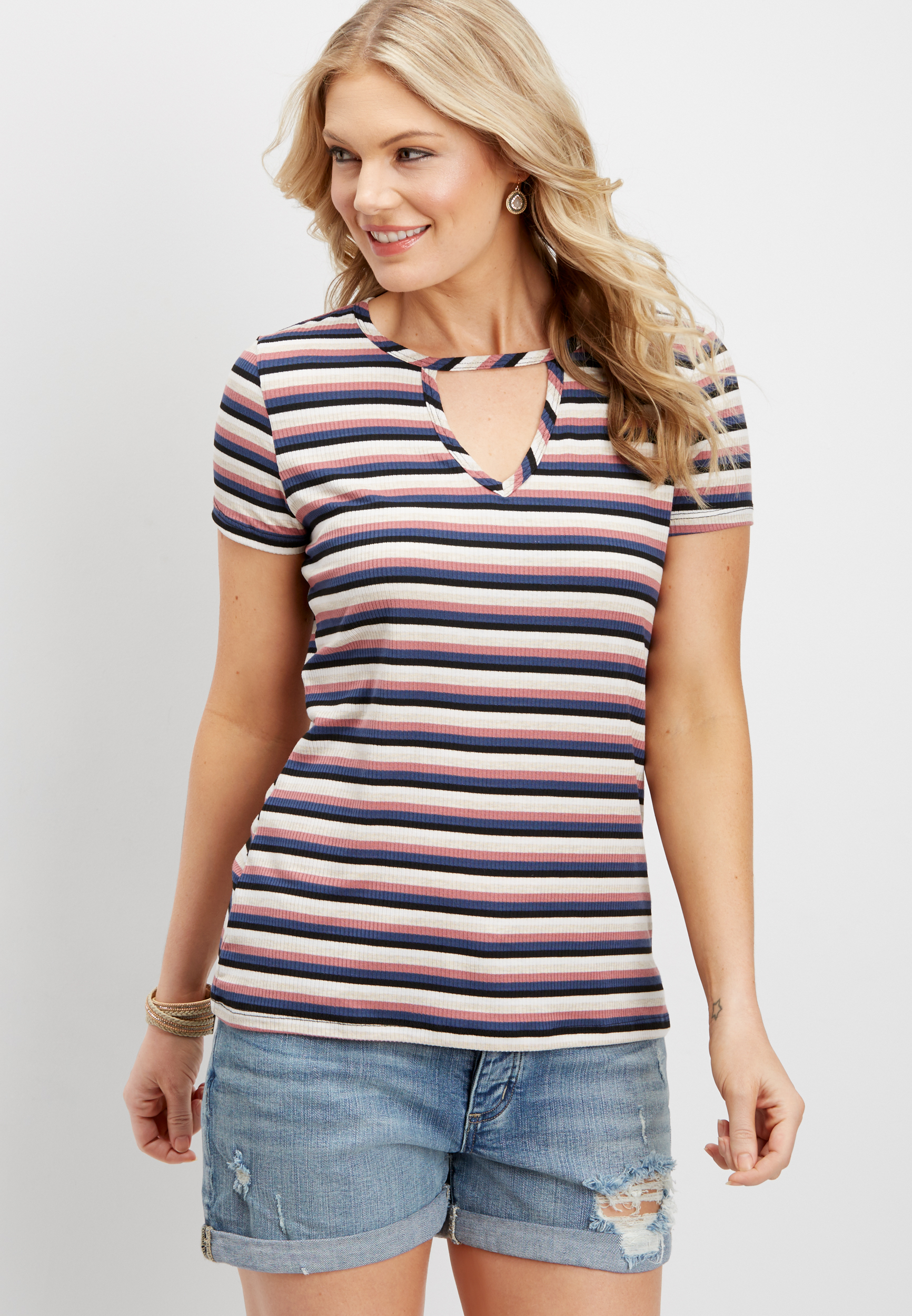 24/7 cut out stripe ribbed tee | maurices