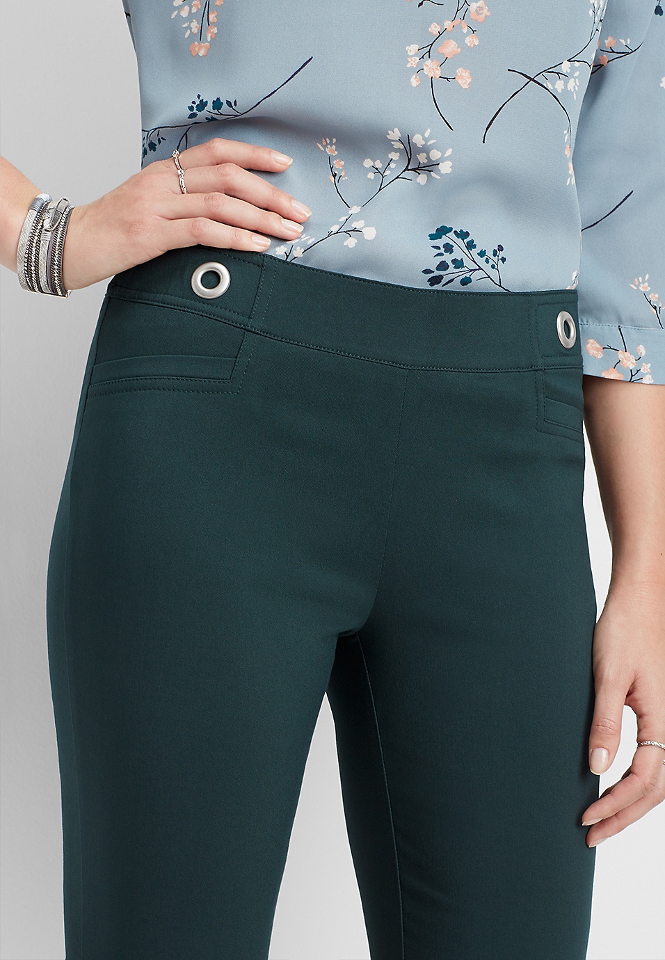 teal stretch pull on grommet skinny ankle pant