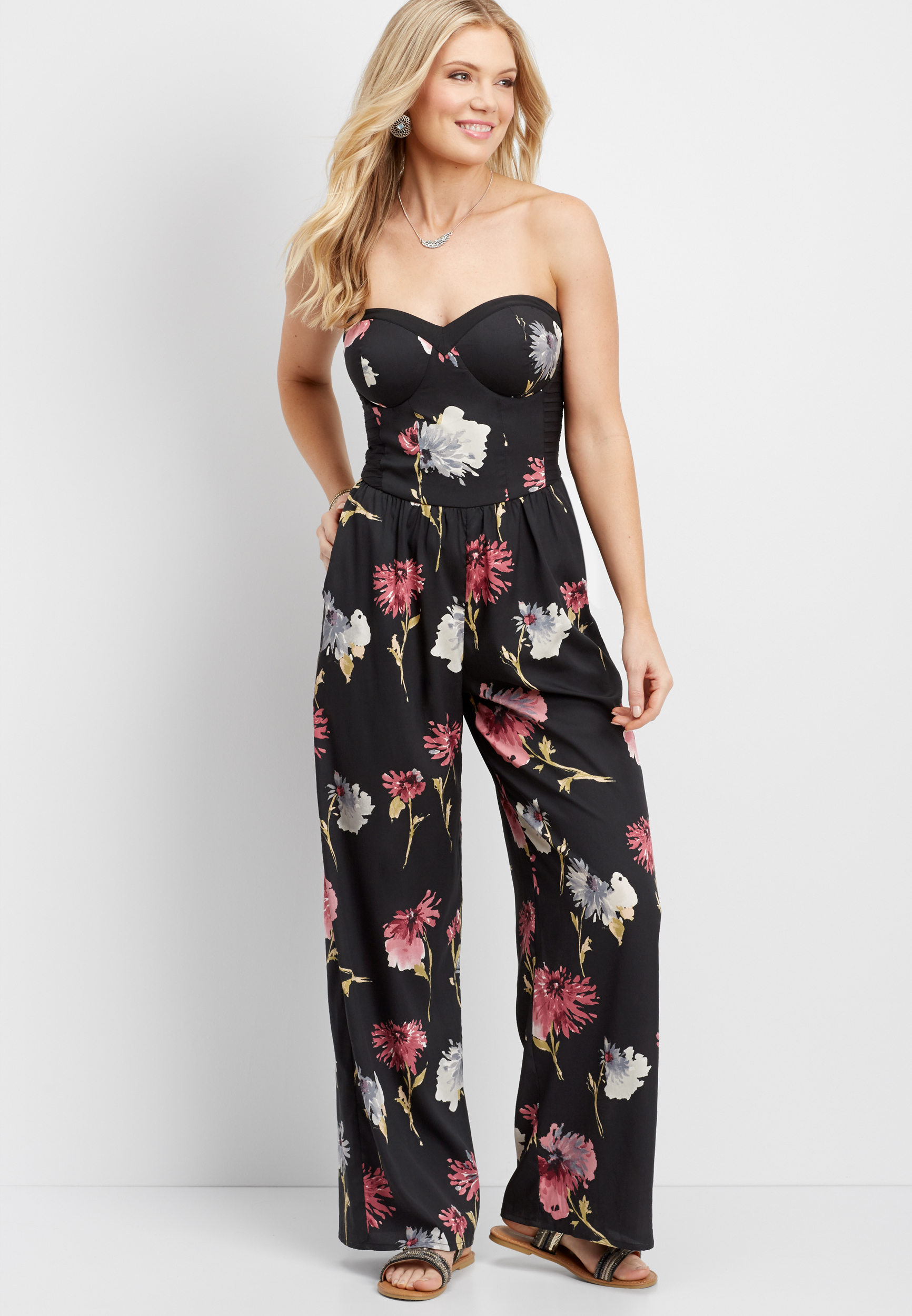 smocked back floral jumpsuit | maurices