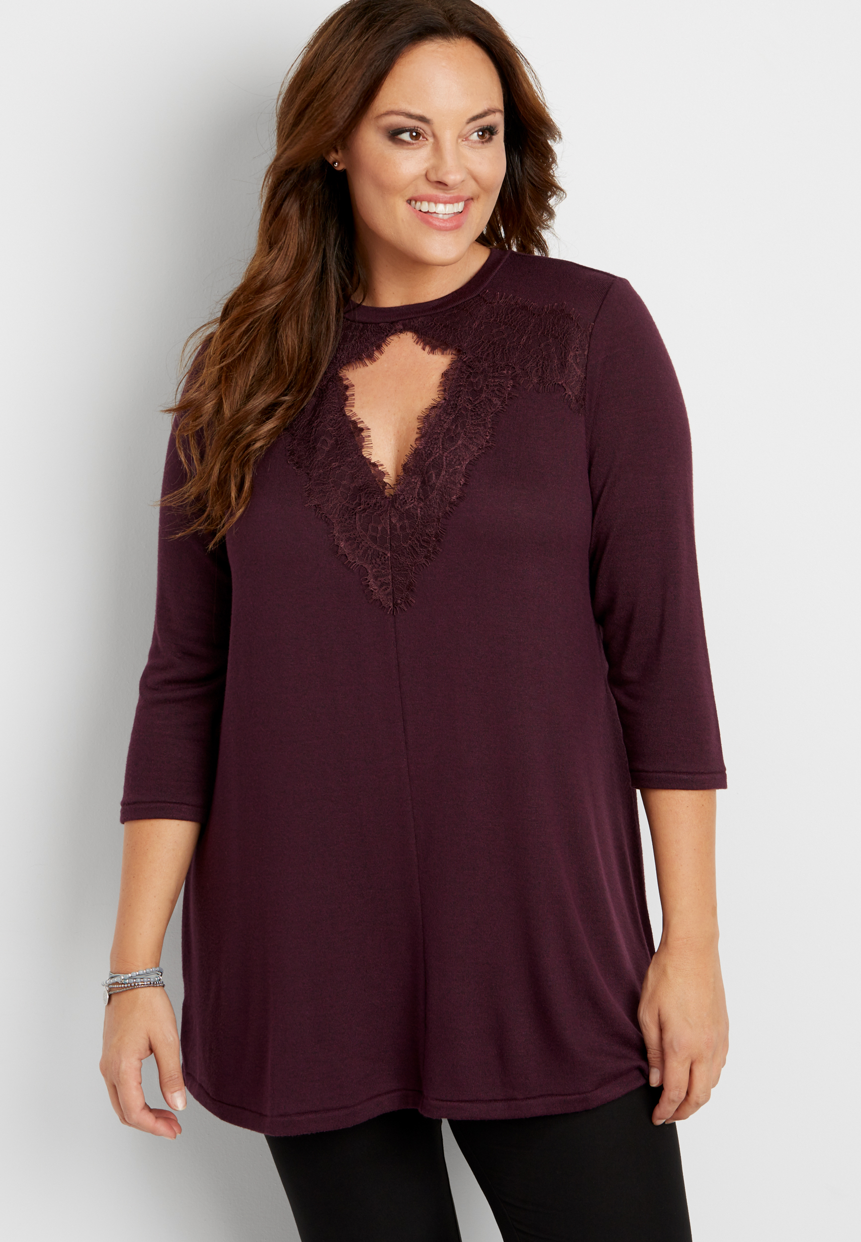 plus size knit tunic with cut out neckline and lace trim | maurices