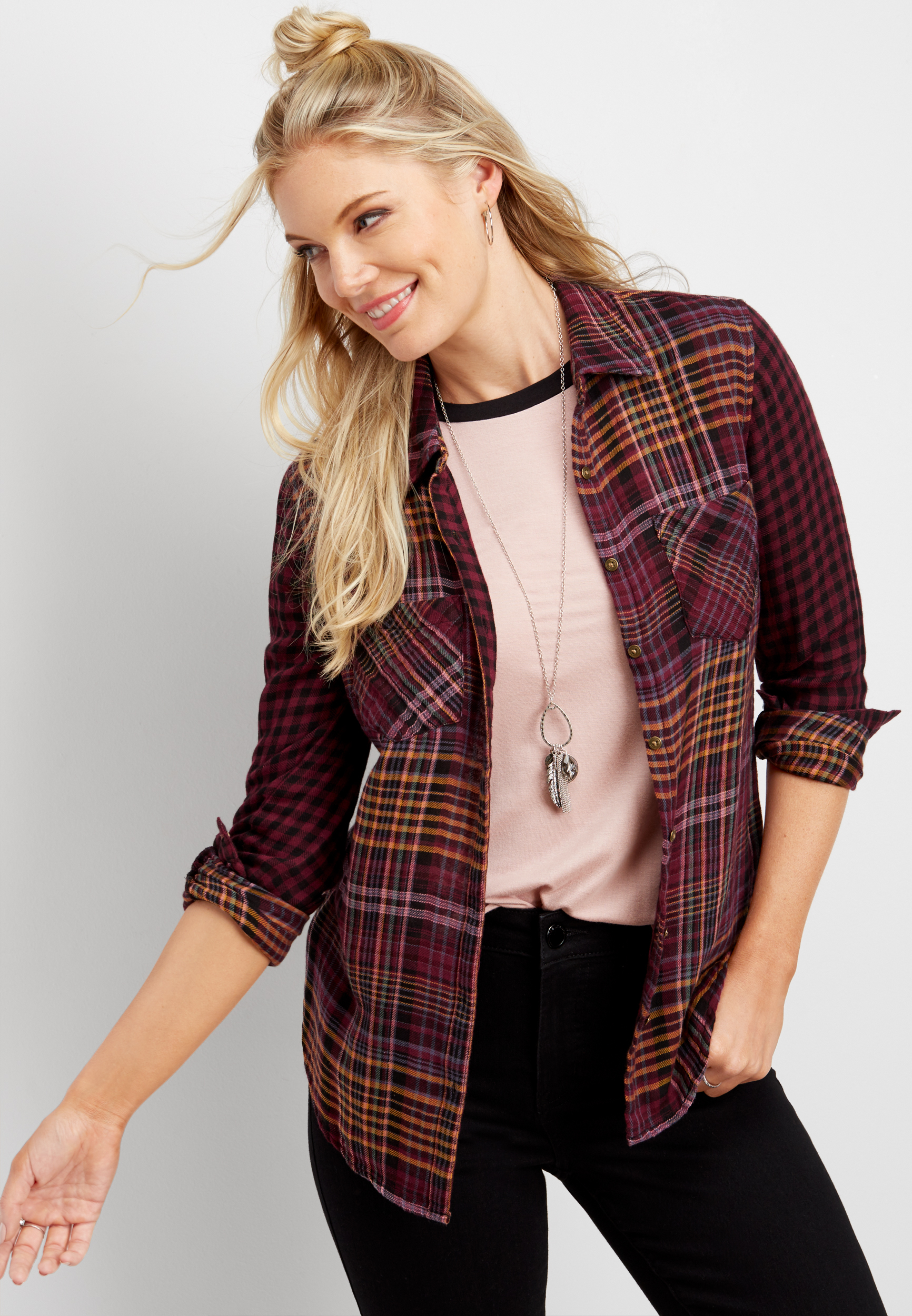 purple plaid button up shirt