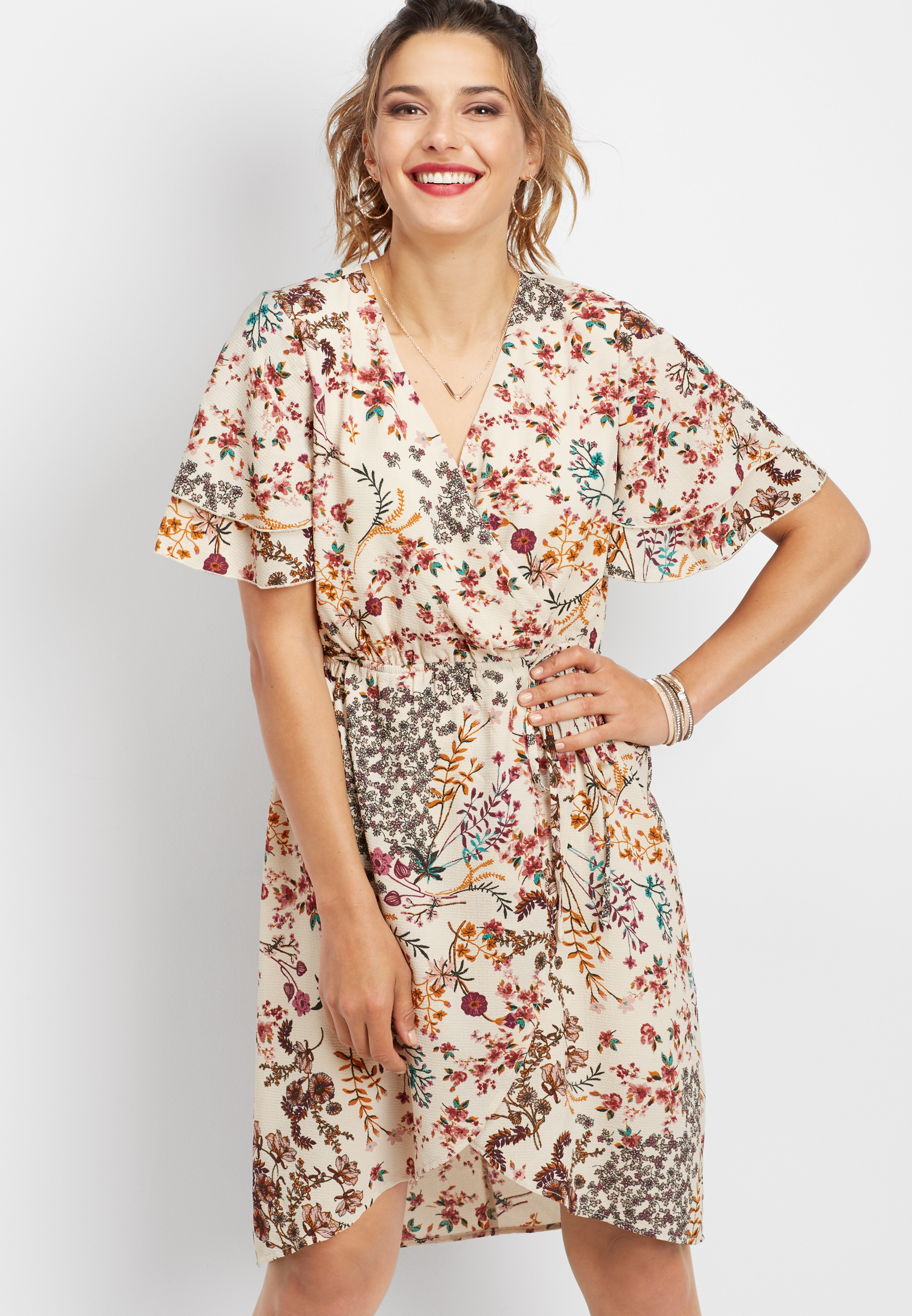 ruffle sleeve wrap front dress | maurices
