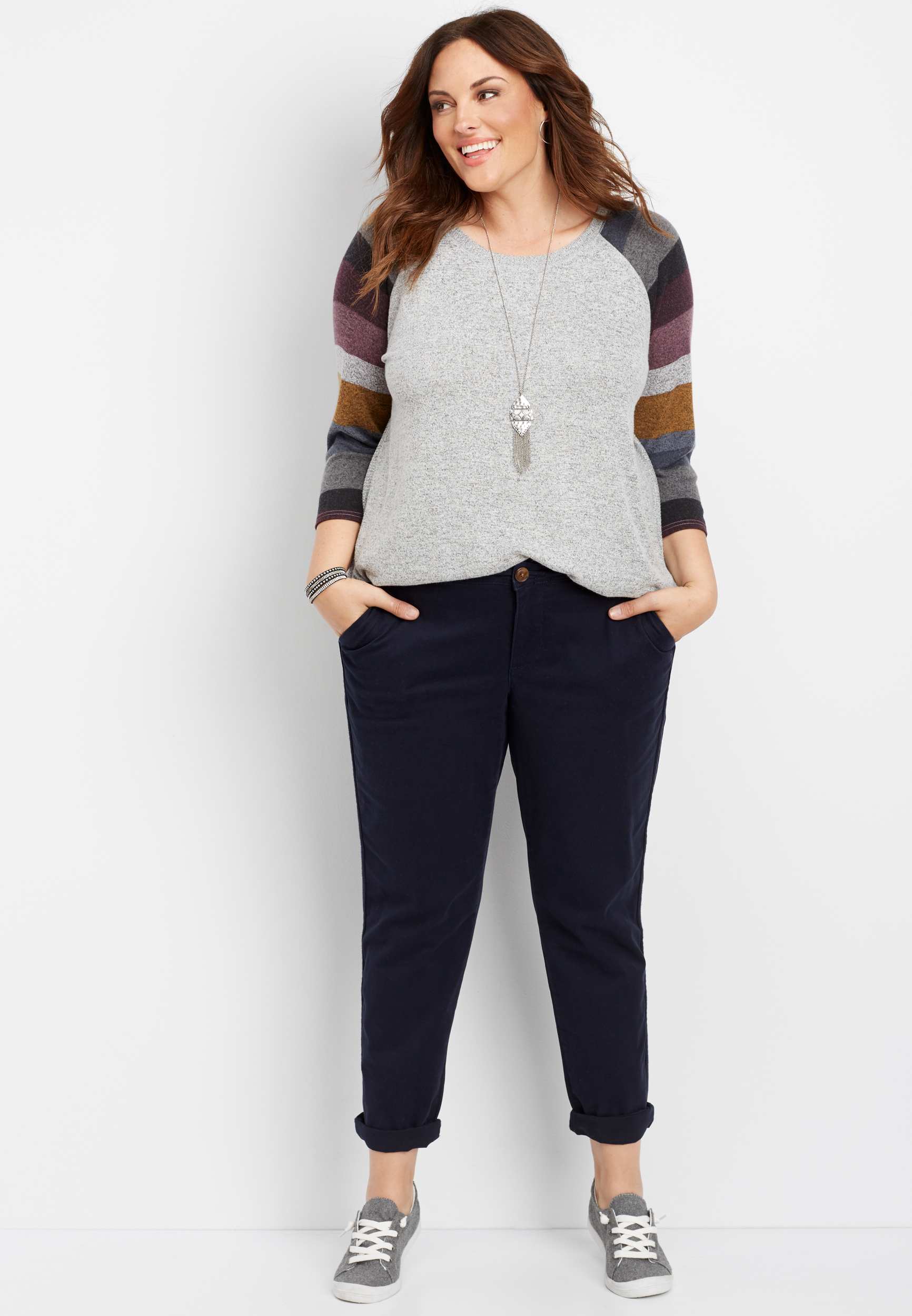 plus size navy side stripe slouchy chino pant | maurices
