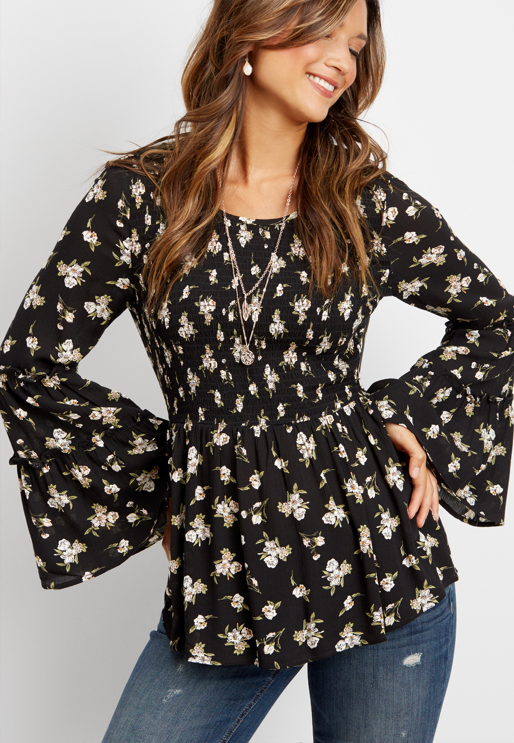 long sleeve smocked floral top | maurices