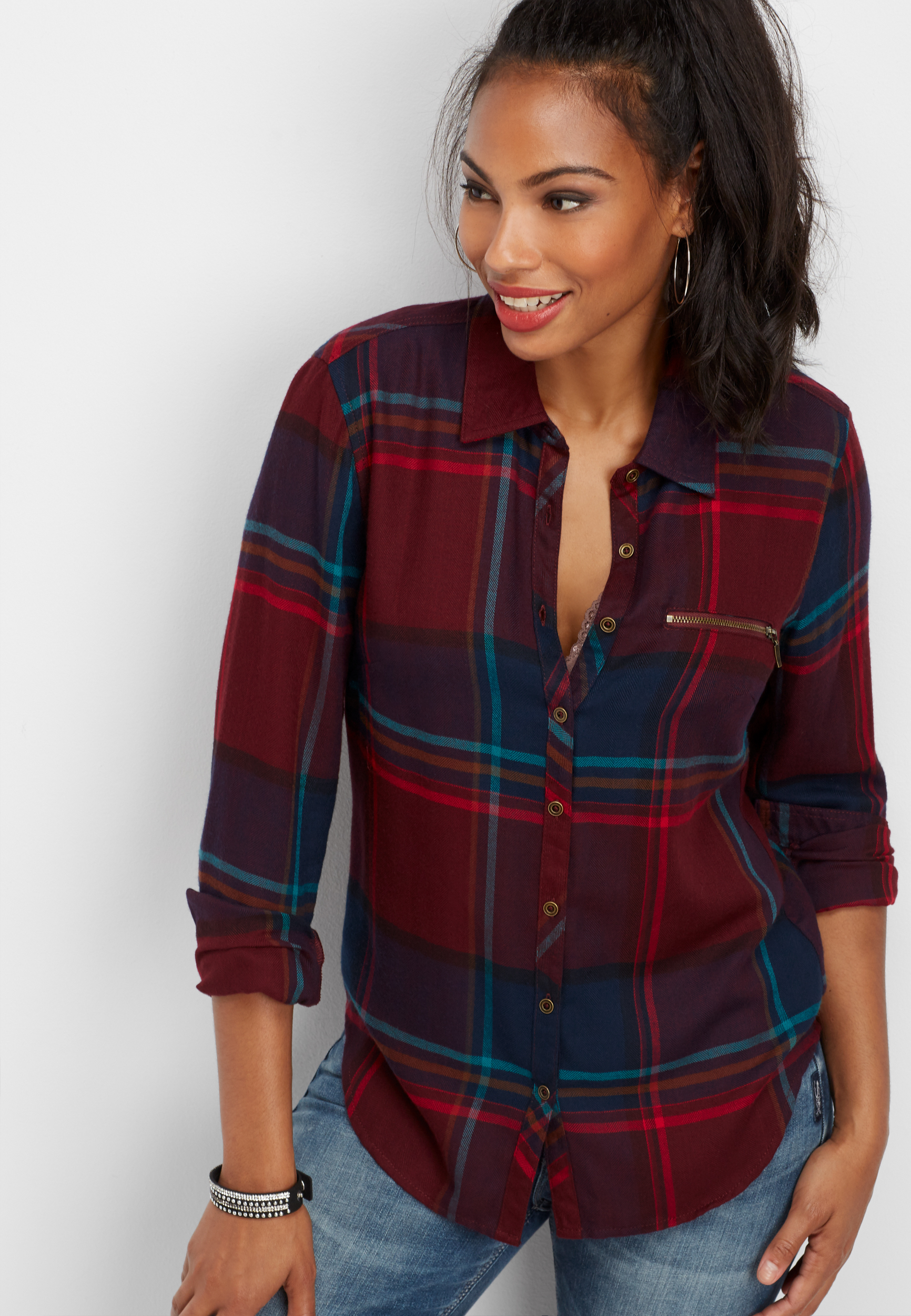 zipper pocket plaid button down shirt | maurices