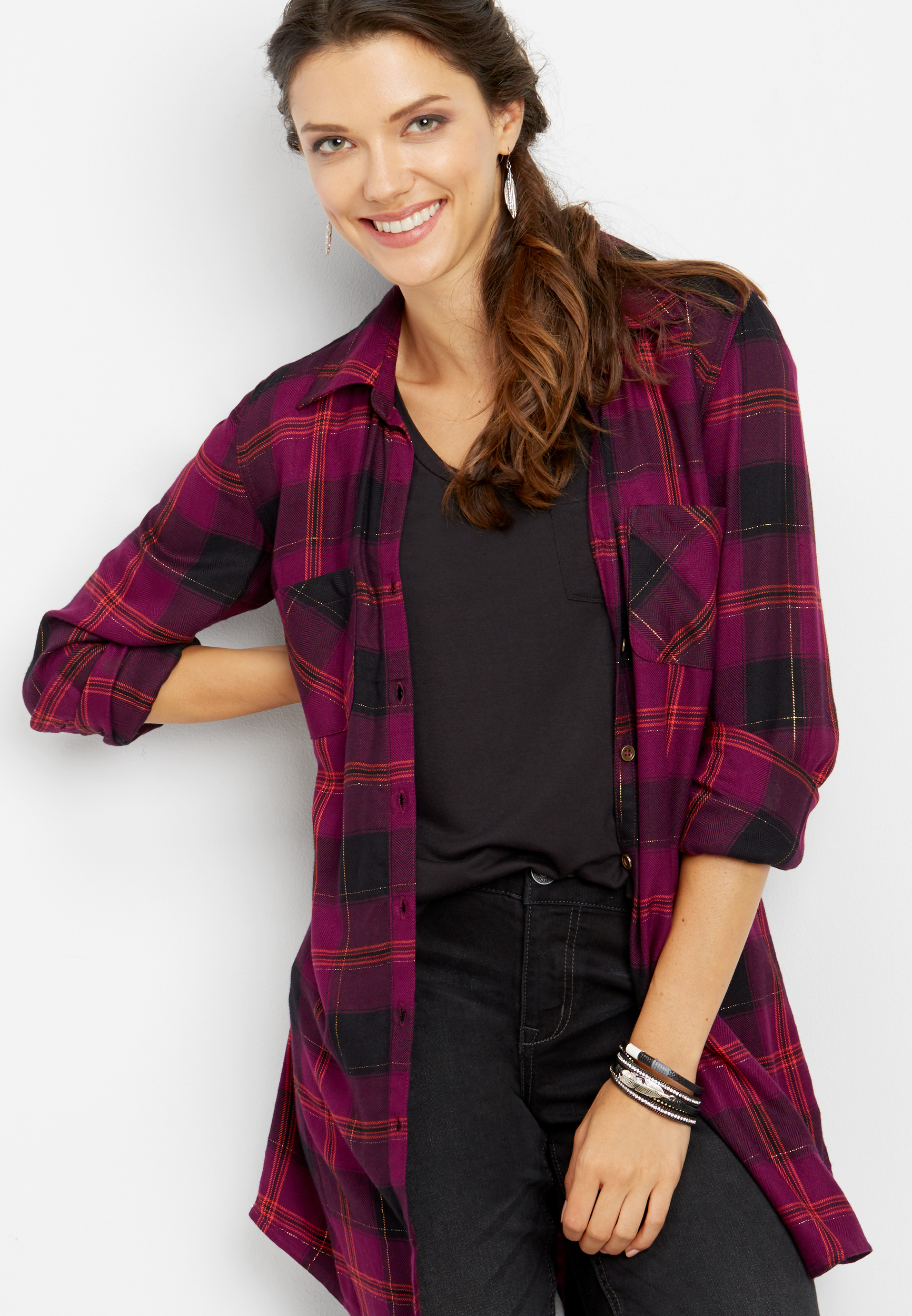 plaid button down tunic top | maurices