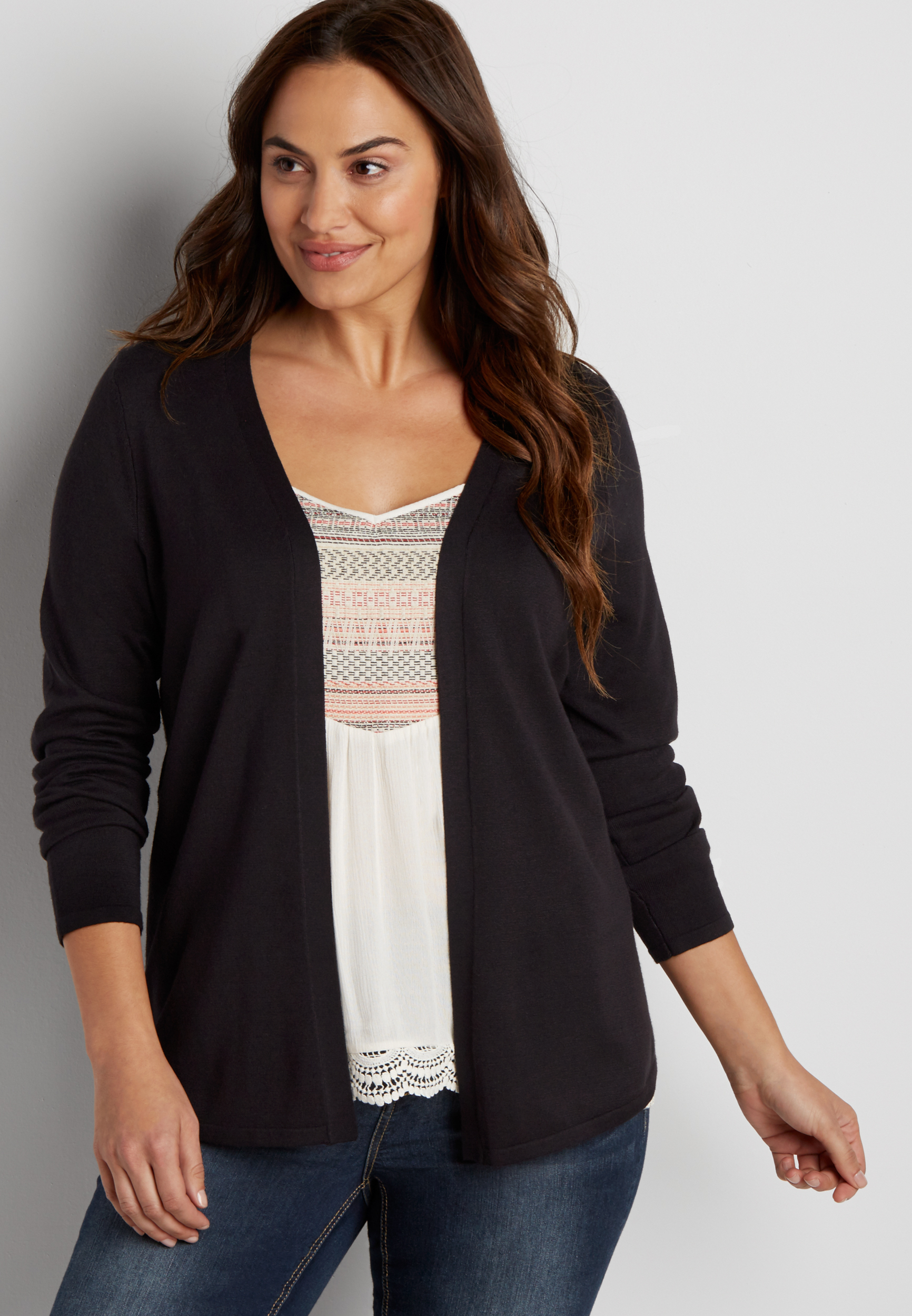 plus size cardigan with pointelle stitch back in black | maurices