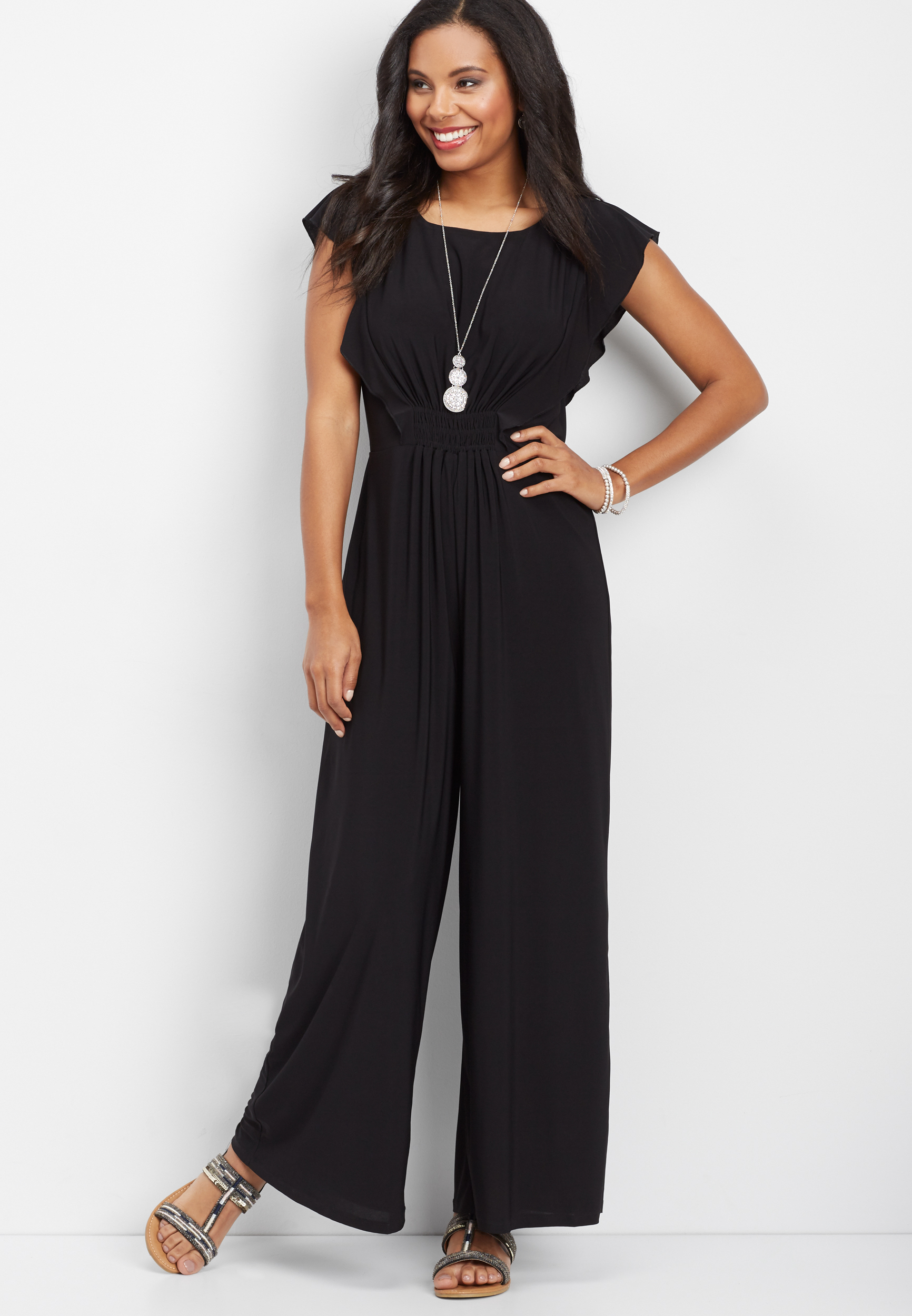 ruffled sleeve solid jumpsuit | maurices