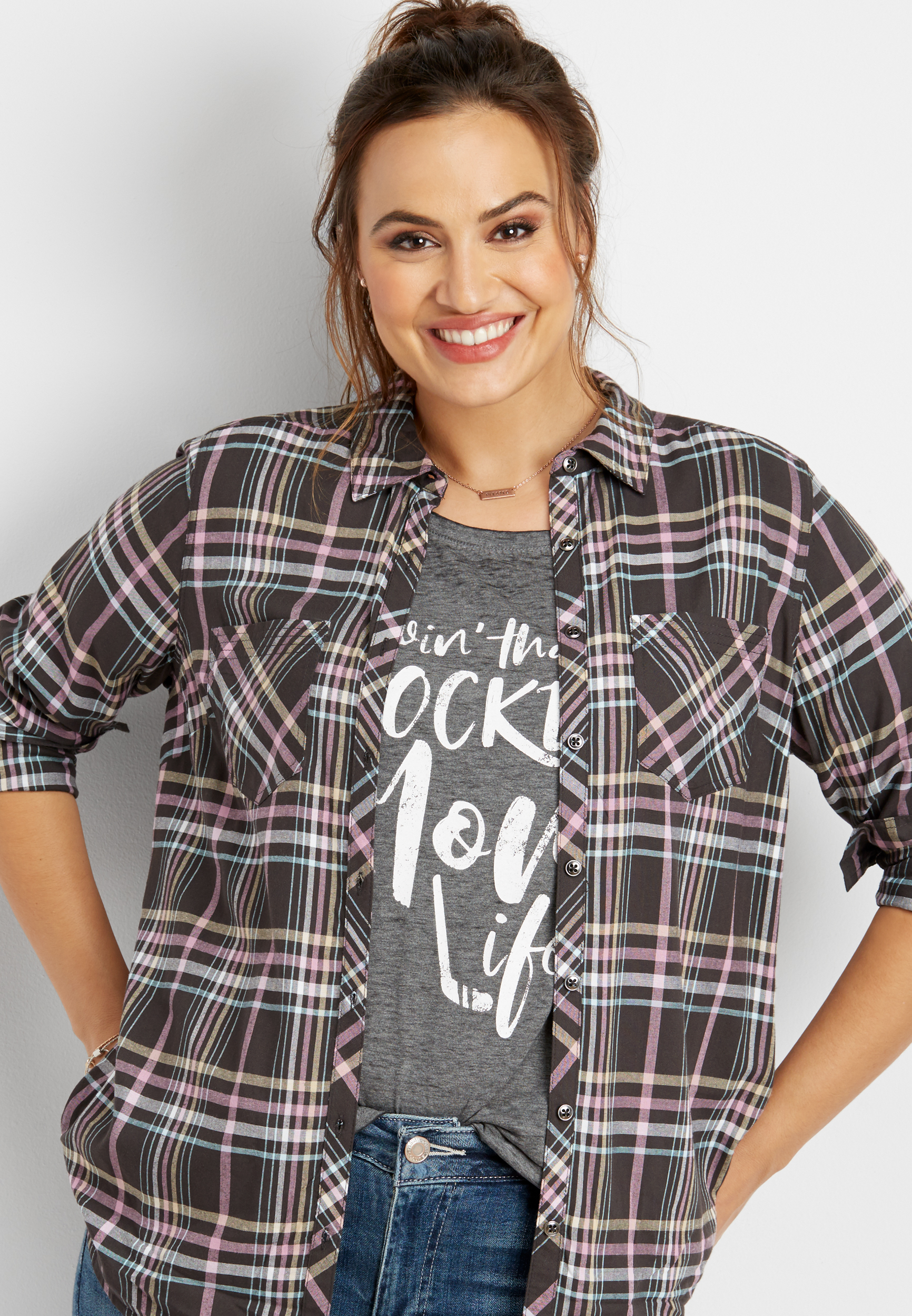 plus size two pocket button down plaid shirt | maurices