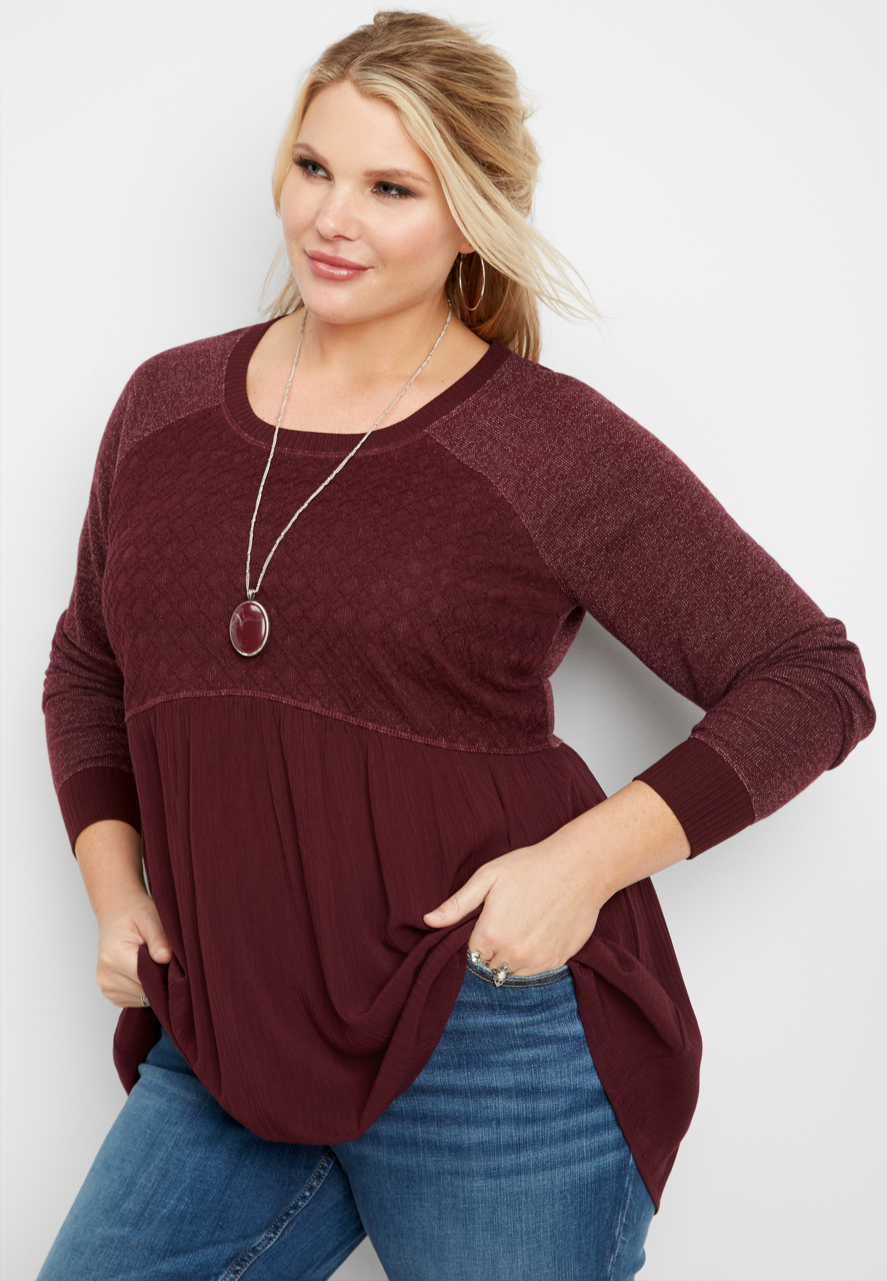 plus size solid long sleeve peplum top | maurices
