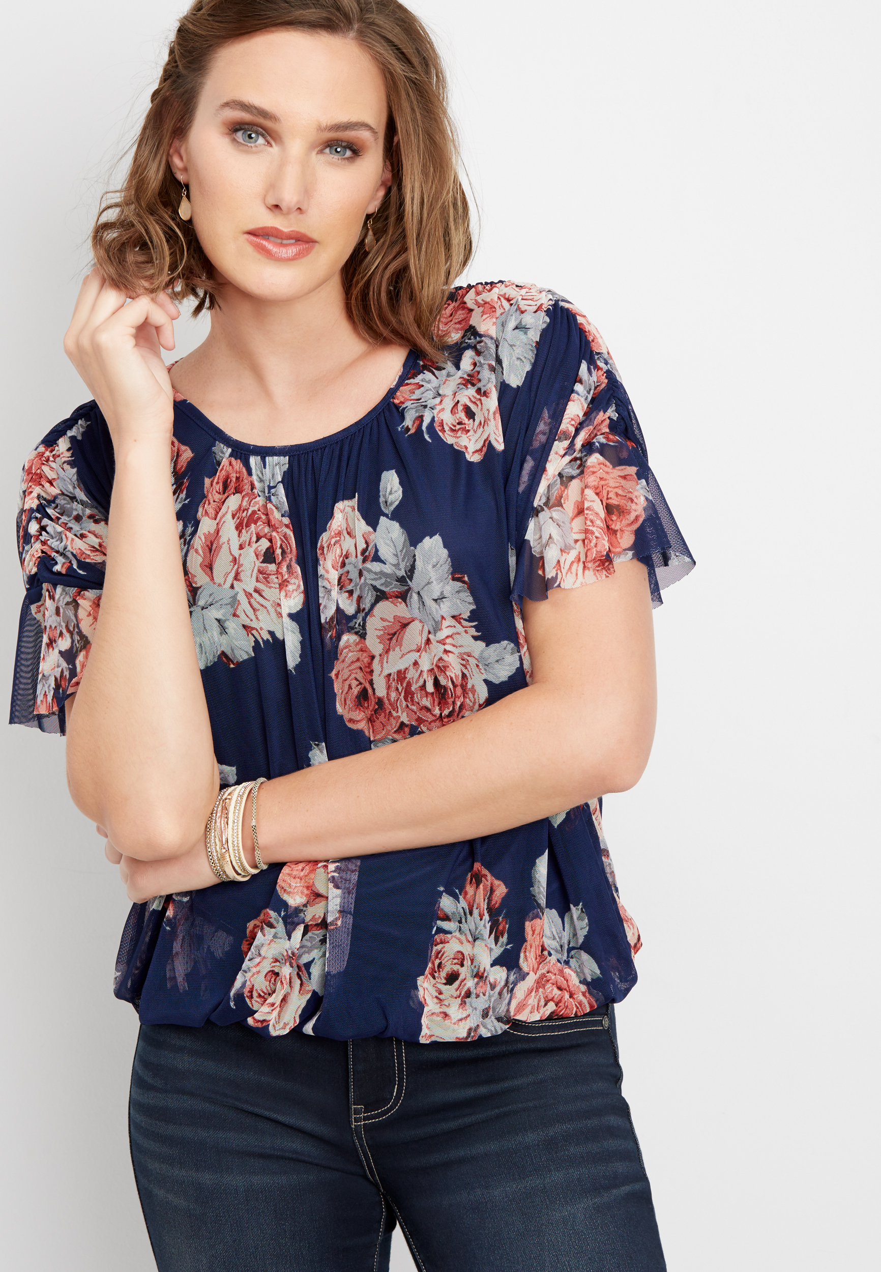 mesh cinched sleeve bubble hem top | maurices