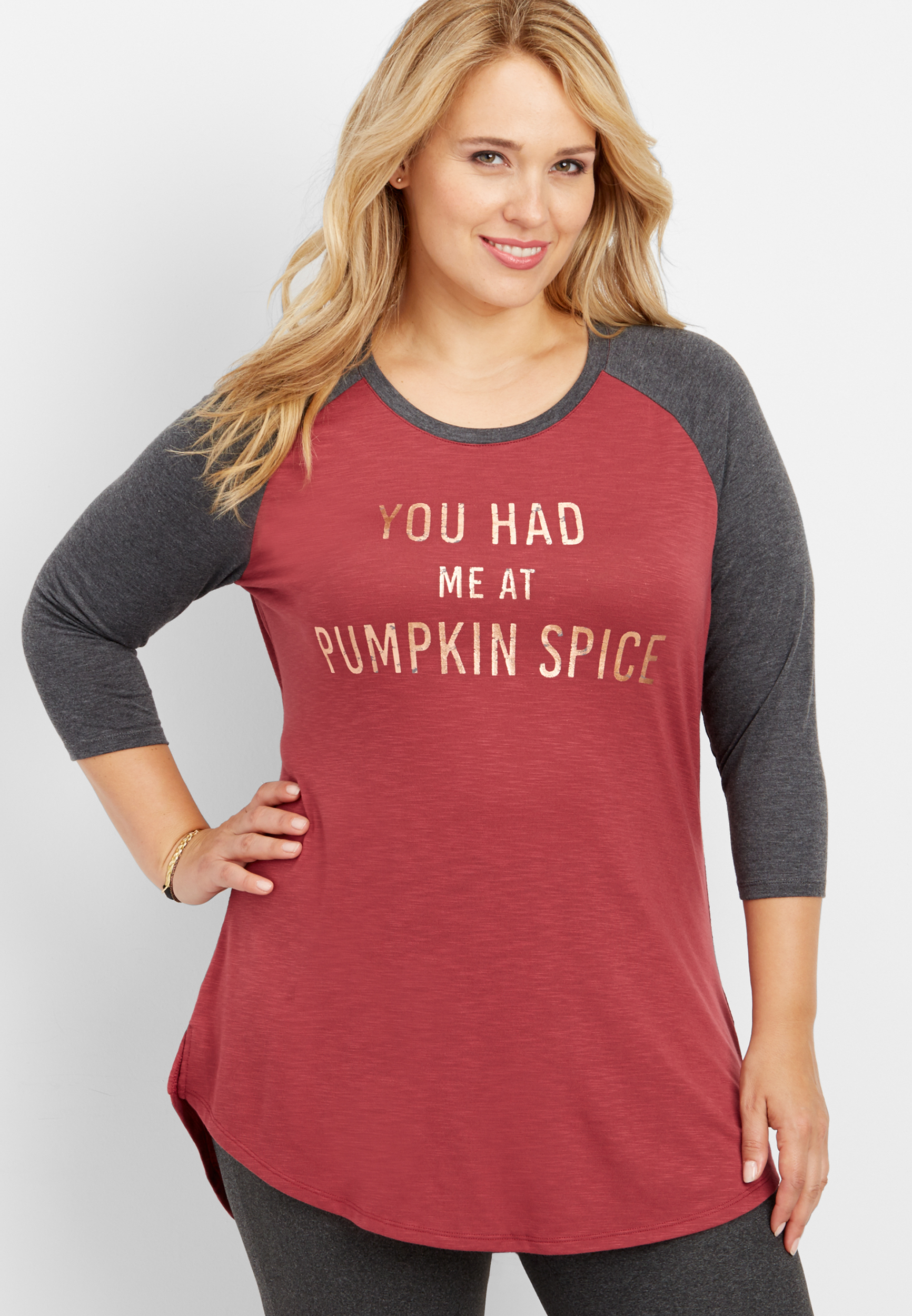 Plus Size Baseball Tunic Tee With You Had Me At Pumpkin Spice Graphic Maurices 