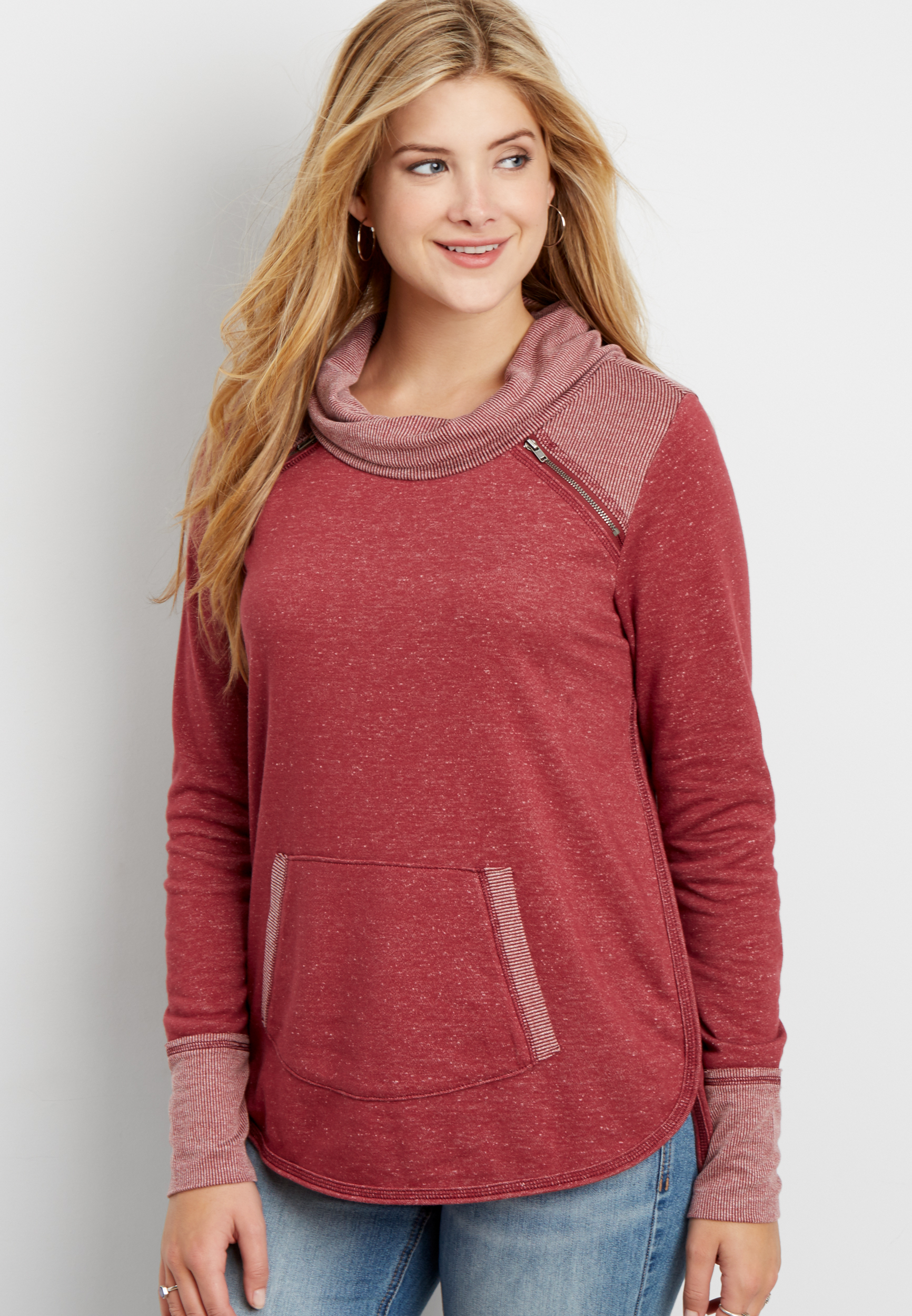 pullover cowl neck sweatshirt with zippers | maurices