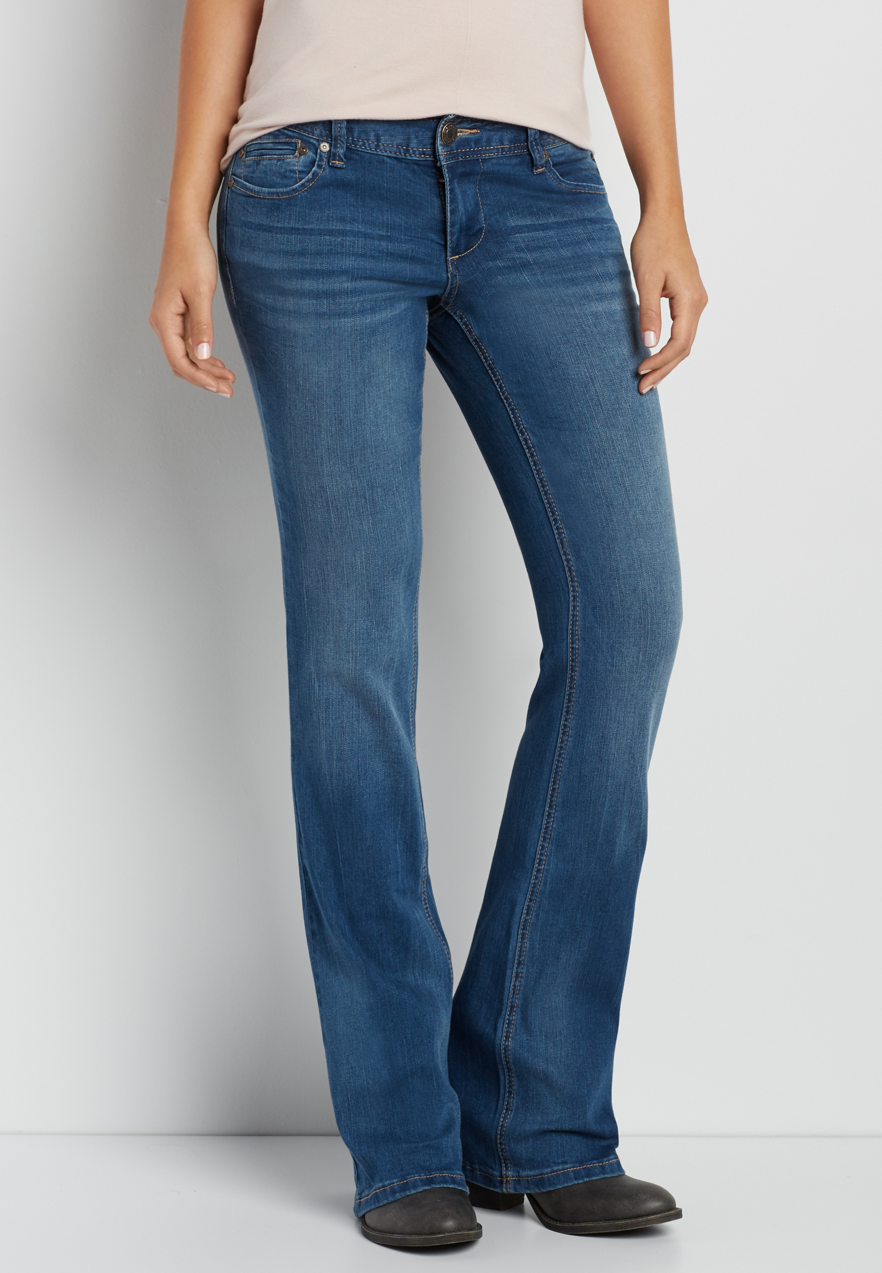 DenimFlex™ dark wash flare jeans with contrast stitching | maurices