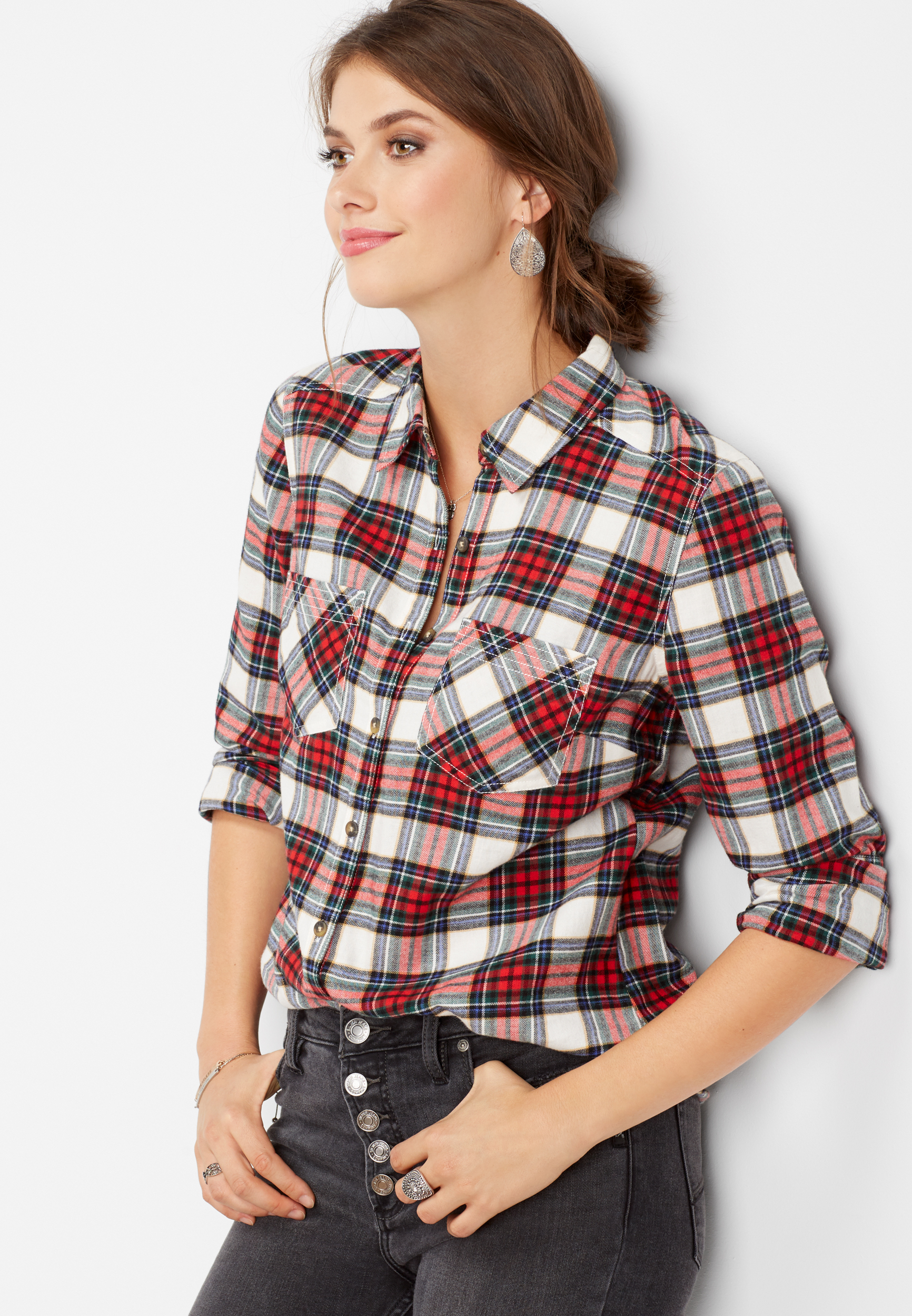 double pocket plaid button down shirt | maurices