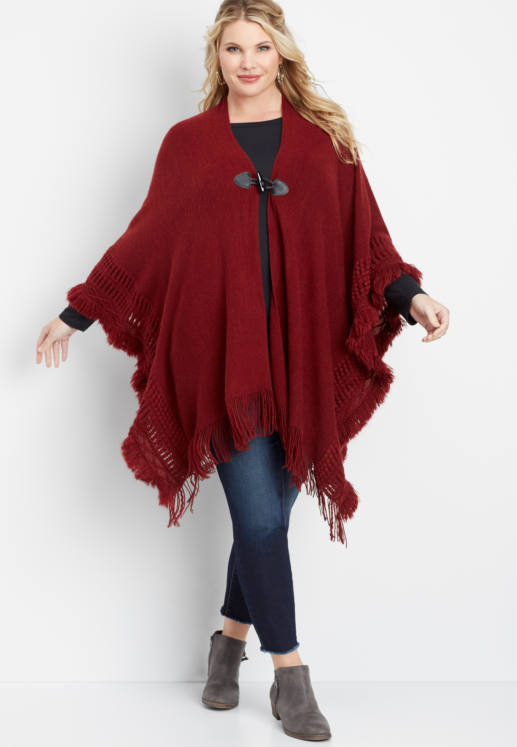 solid fringe toggle poncho | maurices