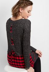 plaid back lace up tunic pullover, C829, small