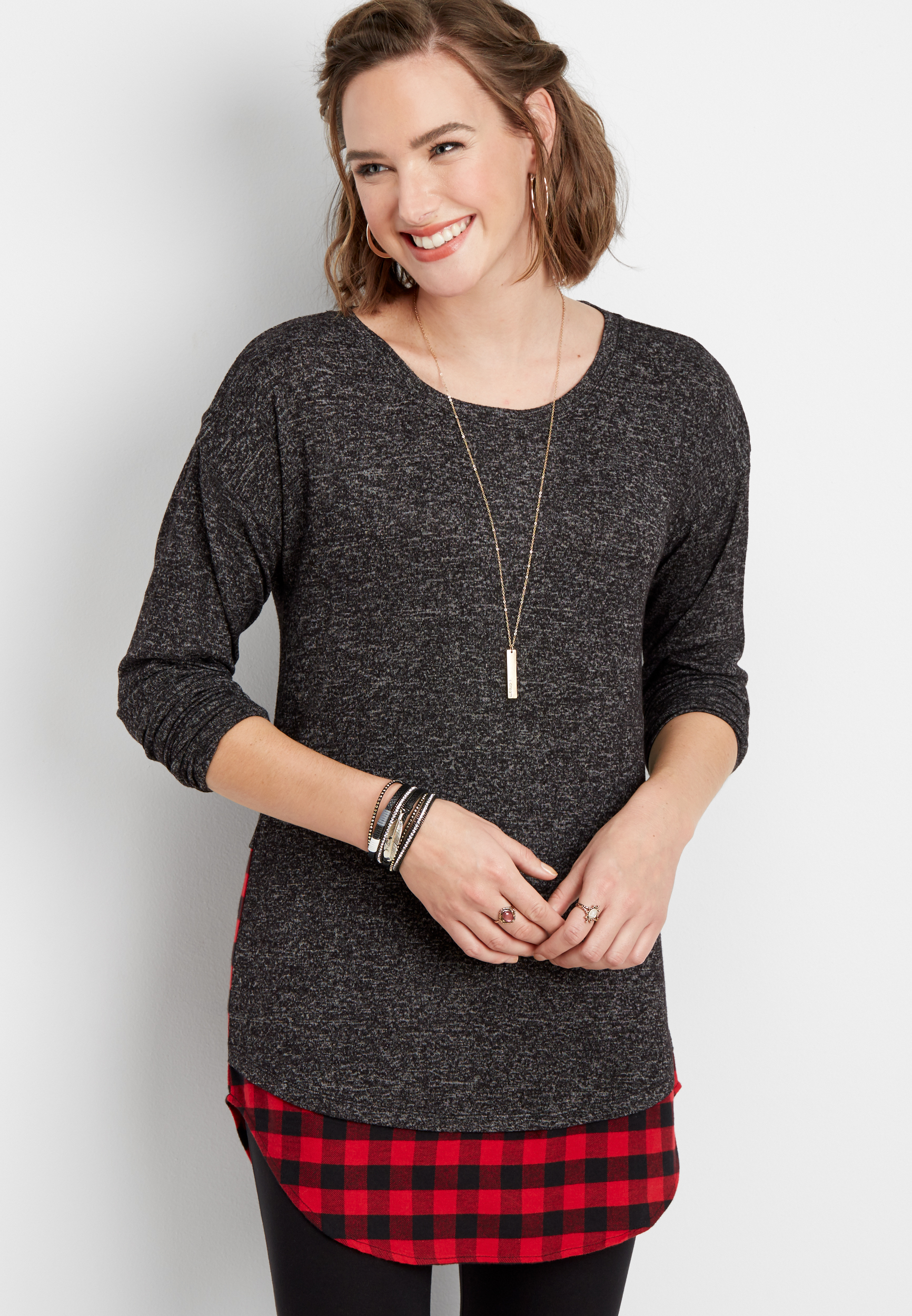 plaid back lace up tunic pullover, C829, large