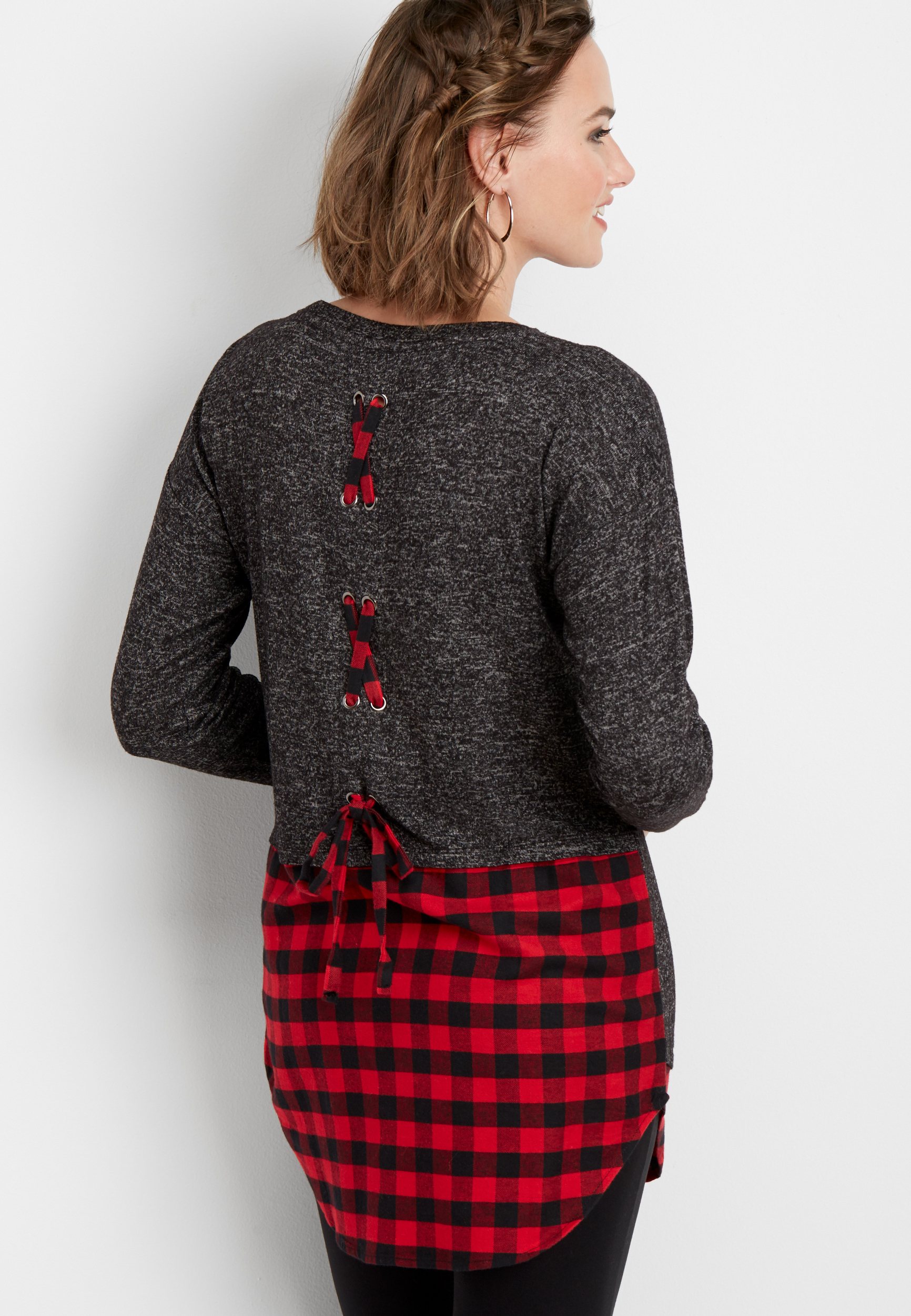 plaid back lace up tunic pullover, C829, large